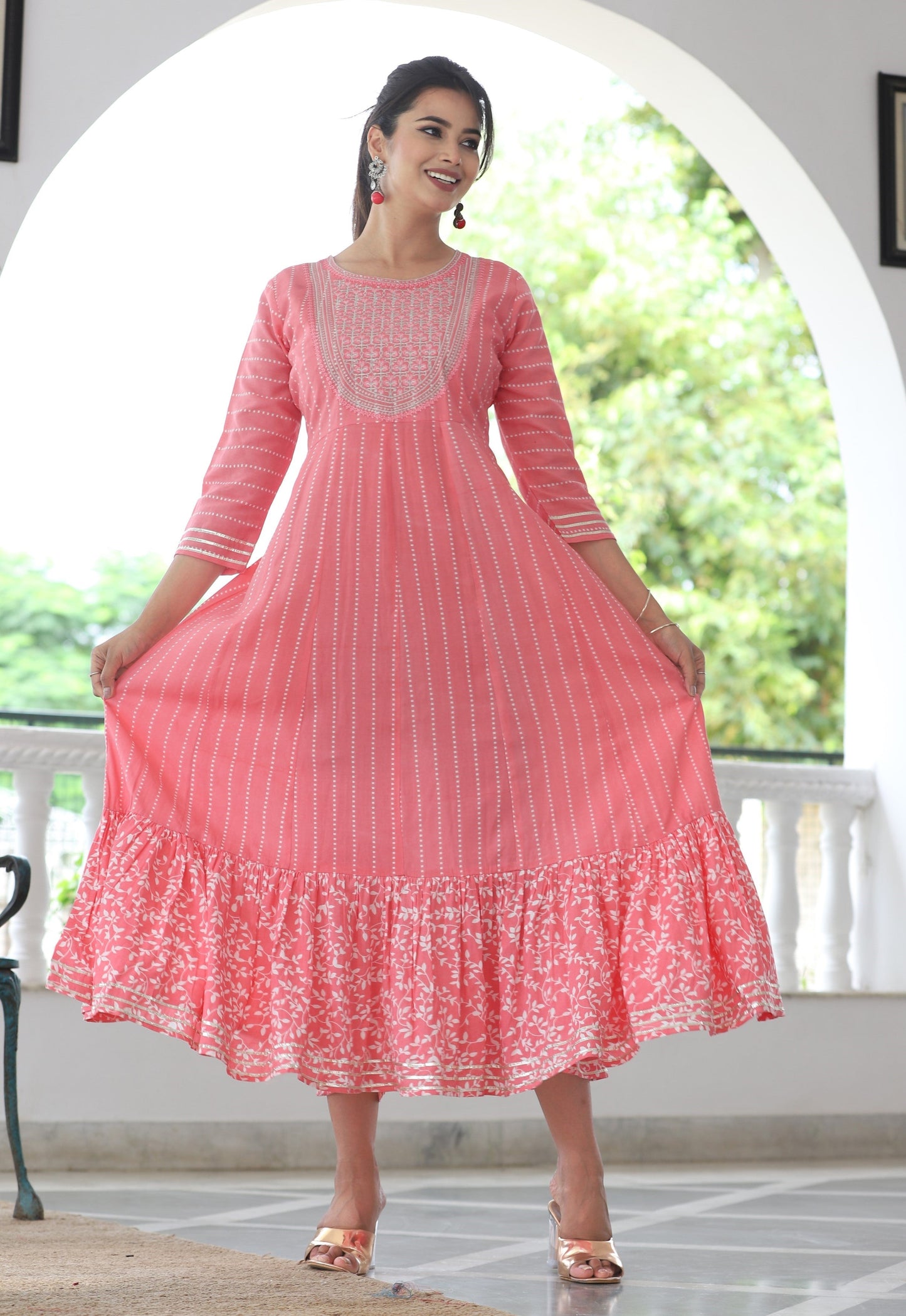 VOJ Women's BabyPink Rayon Floral Embroidered & Printed Tiered Anarkali Kurta | Swadesiicart