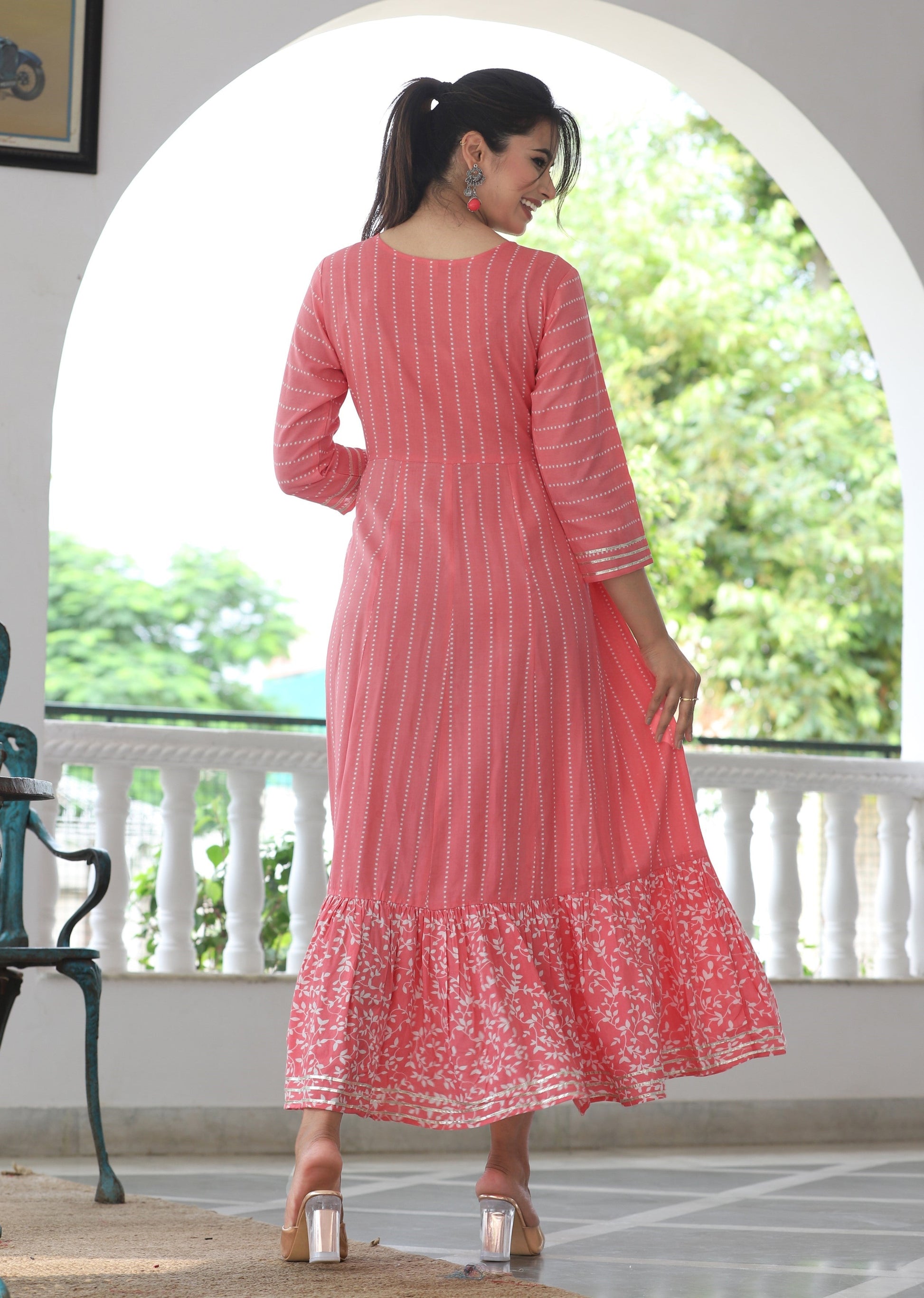 VOJ Women's BabyPink Rayon Floral Embroidered & Printed Tiered Anarkali Kurta | Swadesiicart