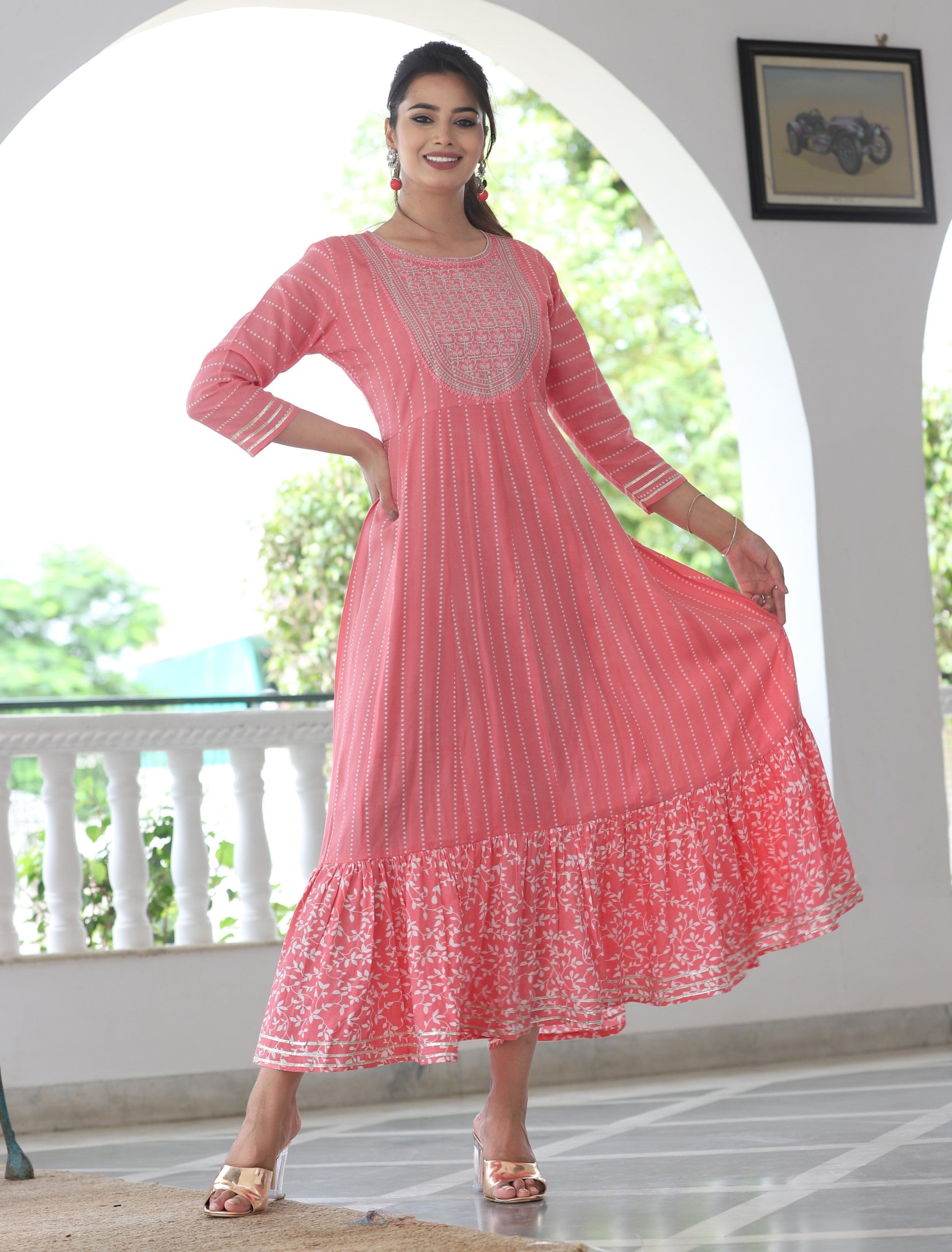 VOJ Women's BabyPink Rayon Floral Embroidered & Printed Tiered Anarkali Kurta | Swadesiicart