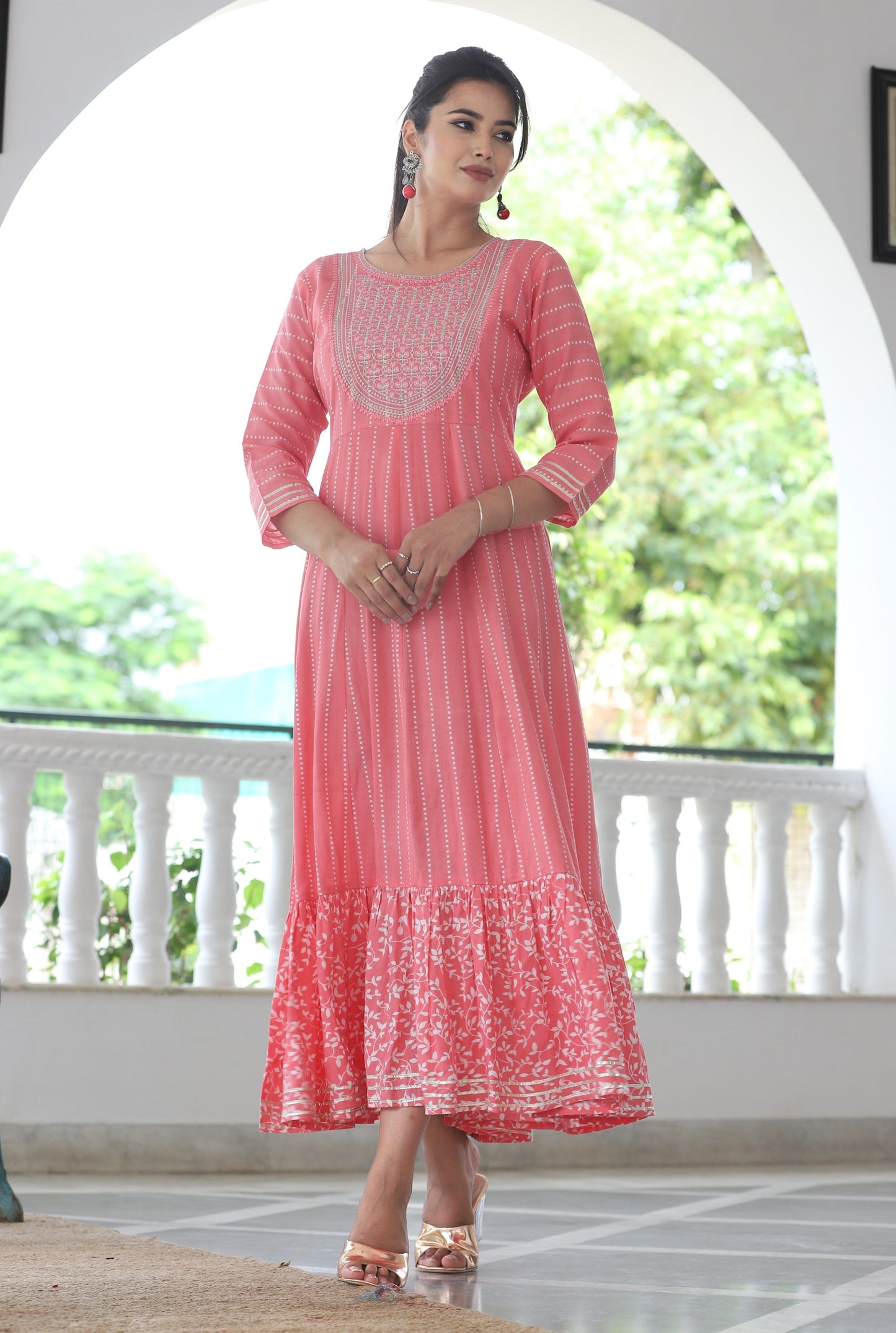 VOJ Women's BabyPink Rayon Floral Embroidered & Printed Tiered Anarkali Kurta | Swadesiicart
