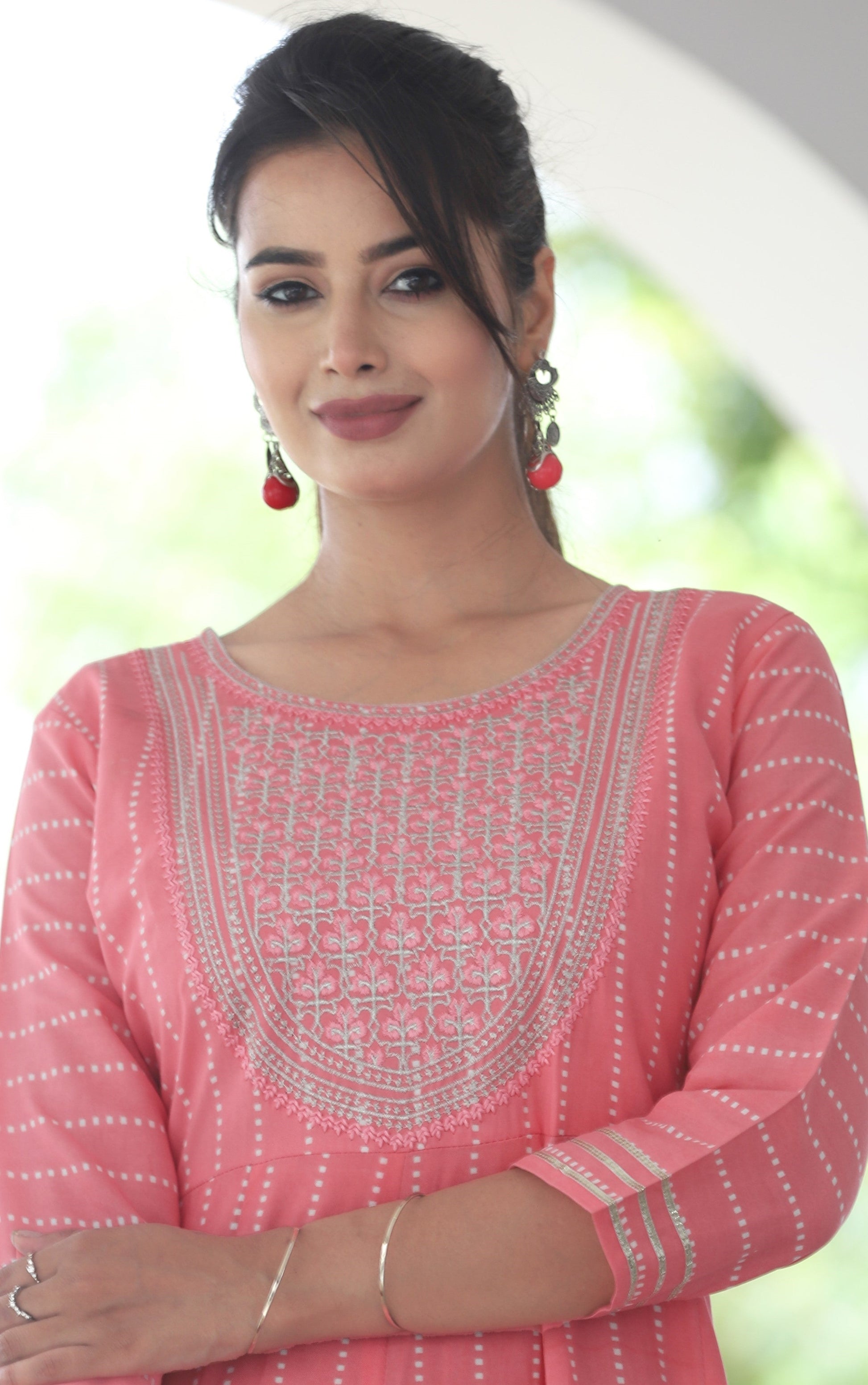 VOJ Women's BabyPink Rayon Floral Embroidered & Printed Tiered Anarkali Kurta | Swadesiicart