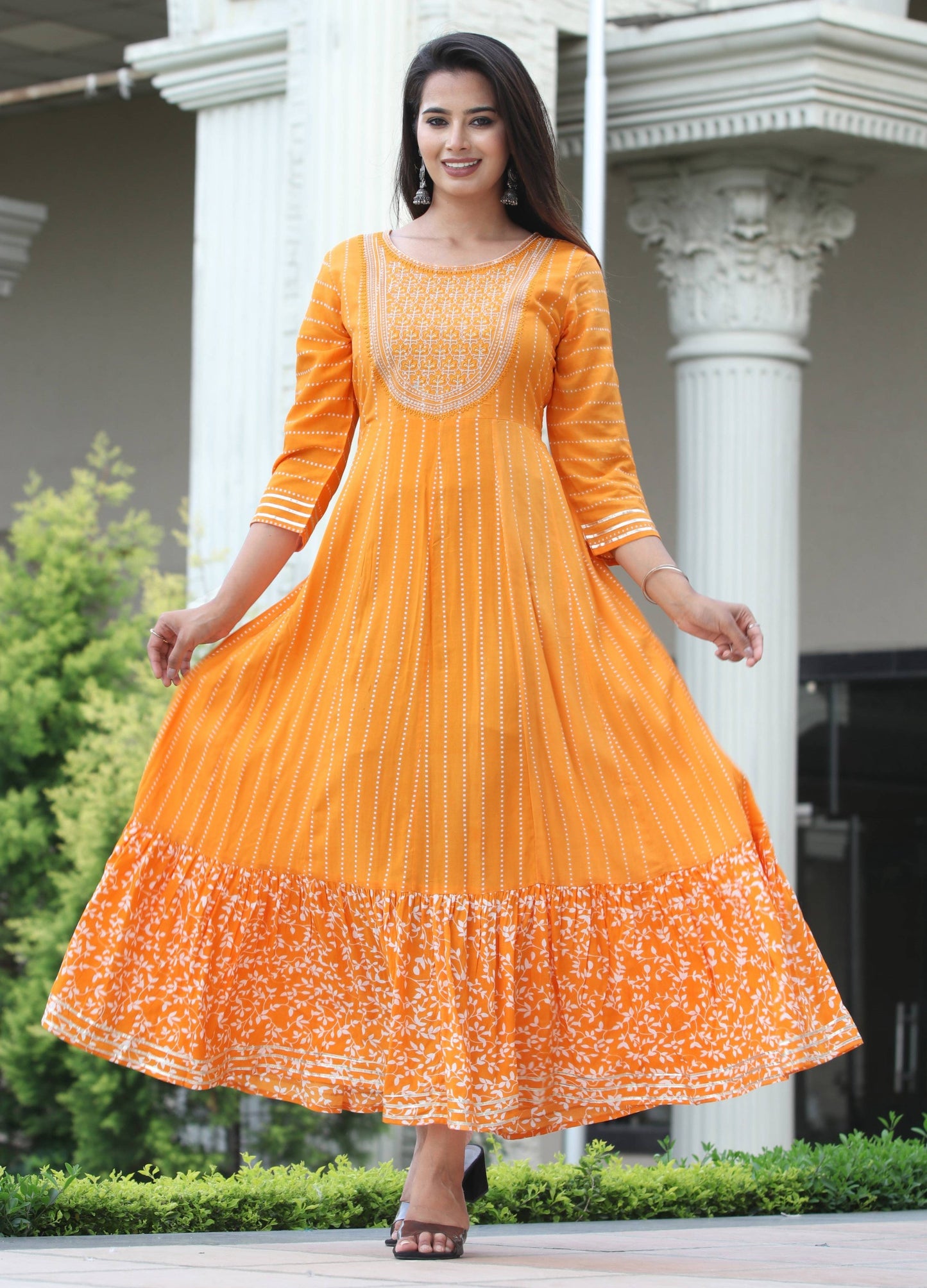 VOJ Women's Orange Rayon Floral Embroidered & Printed Tiered Anarkali Kurta | Swadesiicart