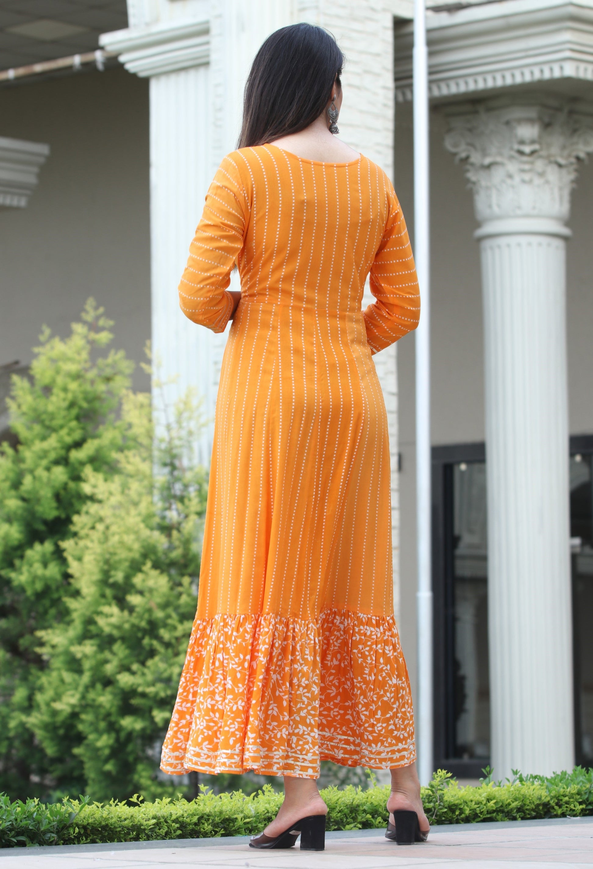 VOJ Women's Orange Rayon Floral Embroidered & Printed Tiered Anarkali Kurta | Swadesiicart