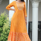 VOJ Women's Orange Rayon Floral Embroidered & Printed Tiered Anarkali Kurta | Swadesiicart