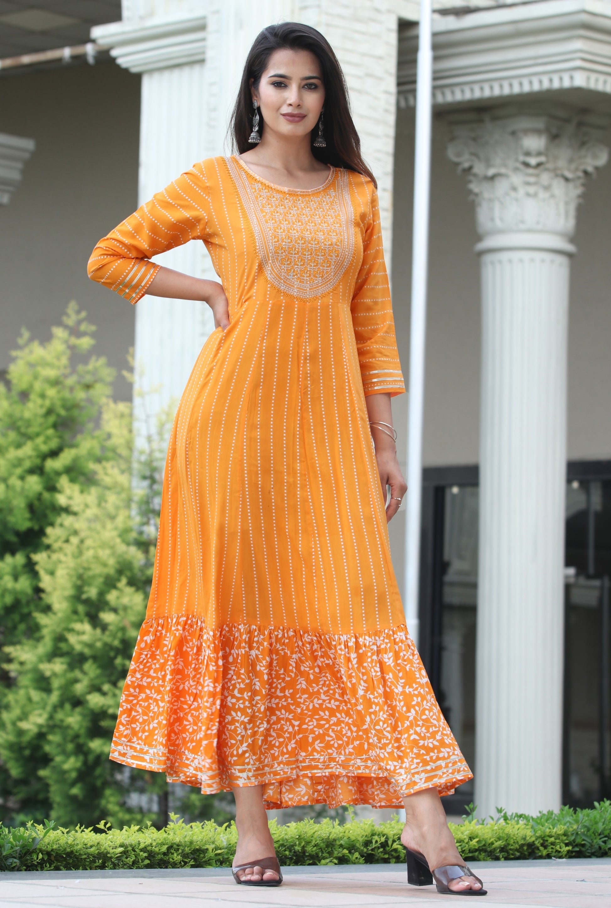 VOJ Women's Orange Rayon Floral Embroidered & Printed Tiered Anarkali Kurta | Swadesiicart