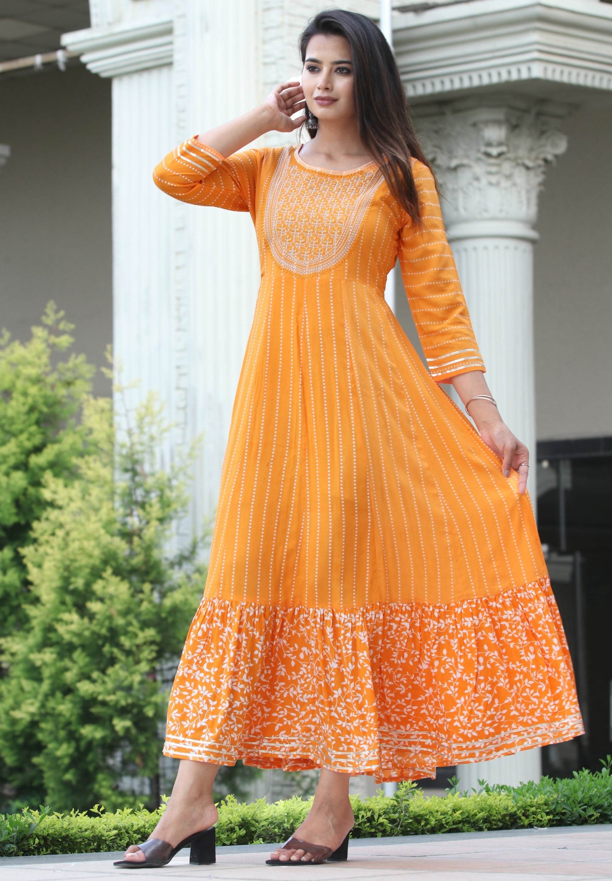 VOJ Women's Orange Rayon Floral Embroidered & Printed Tiered Anarkali Kurta | Swadesiicart