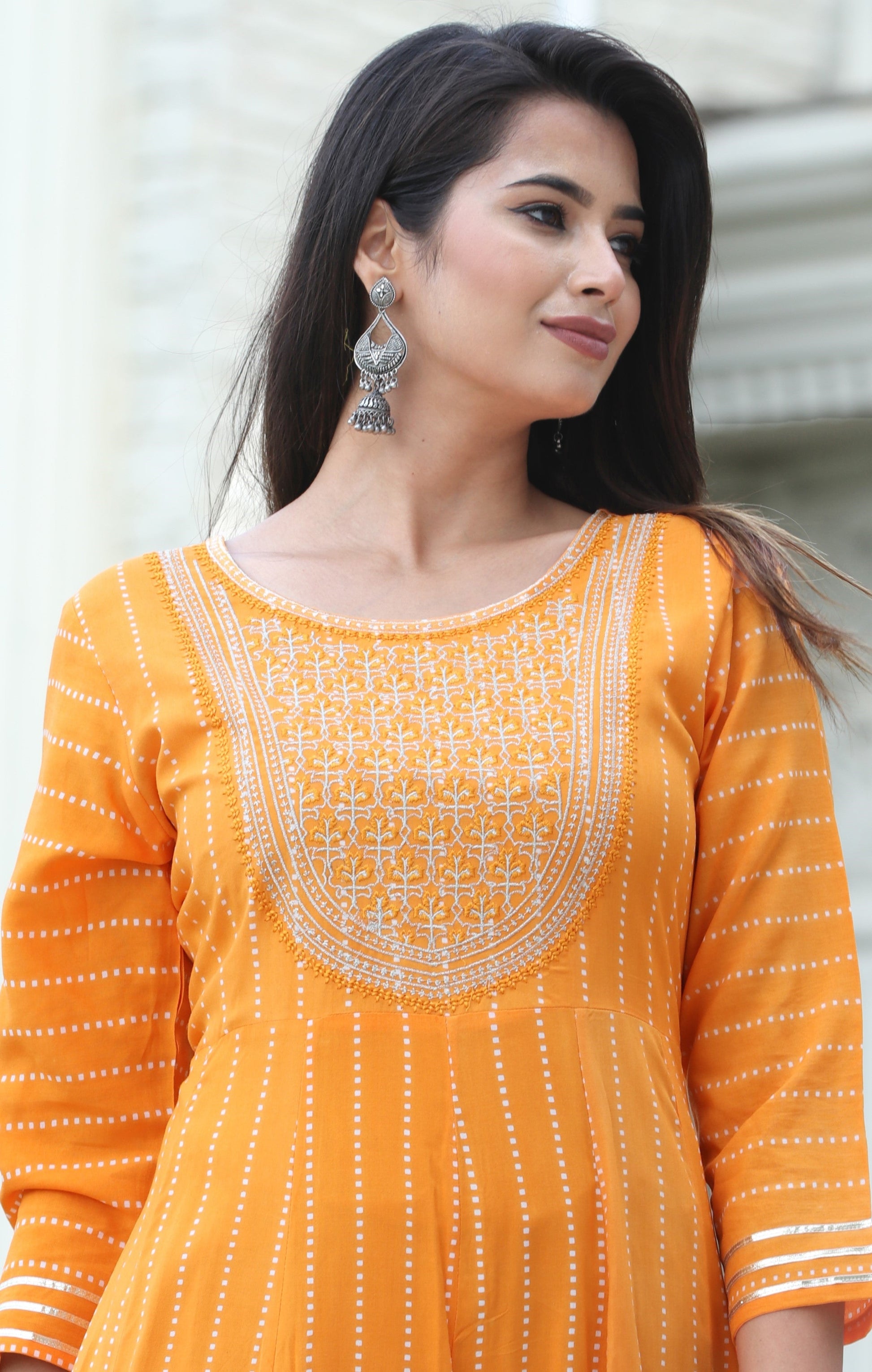VOJ Women's Orange Rayon Floral Embroidered & Printed Tiered Anarkali Kurta | Swadesiicart
