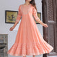 VOJ Women's Peach Rayon Floral Embroidered & Printed Tiered Anarkali Kurta | Swadesiicart