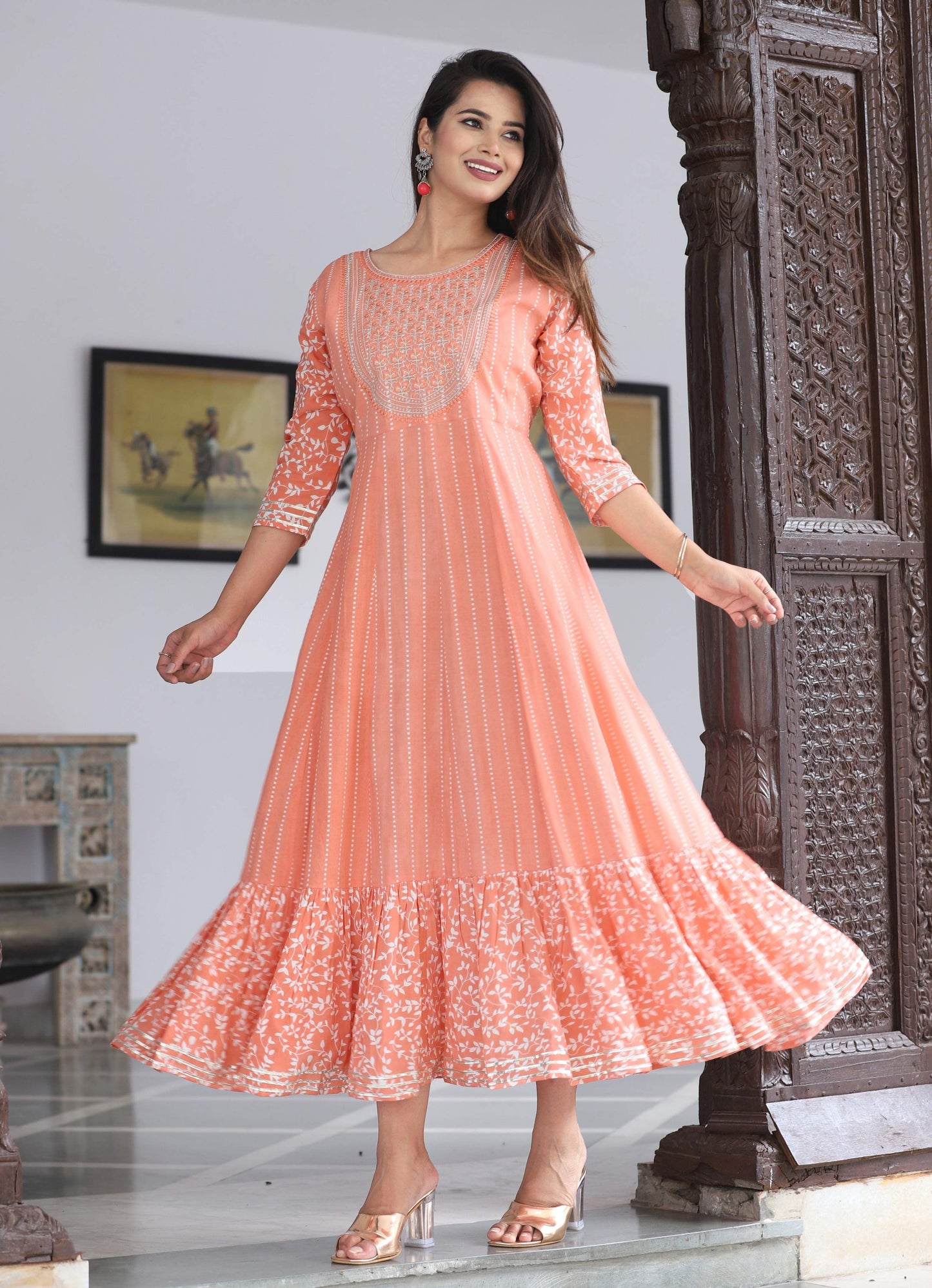 VOJ Women's Peach Rayon Floral Embroidered & Printed Tiered Anarkali Kurta | Swadesiicart