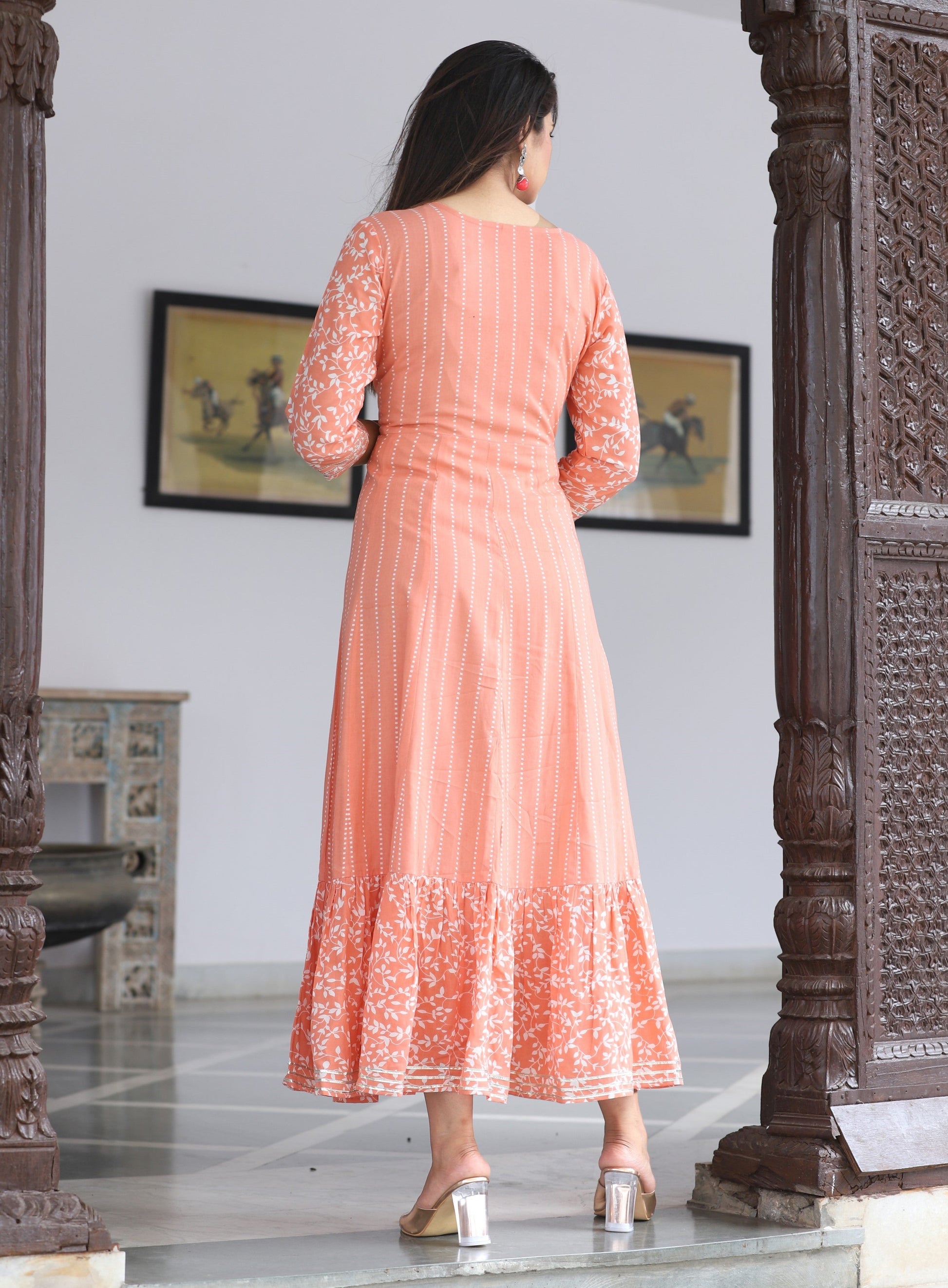 VOJ Women's Peach Rayon Floral Embroidered & Printed Tiered Anarkali Kurta | Swadesiicart
