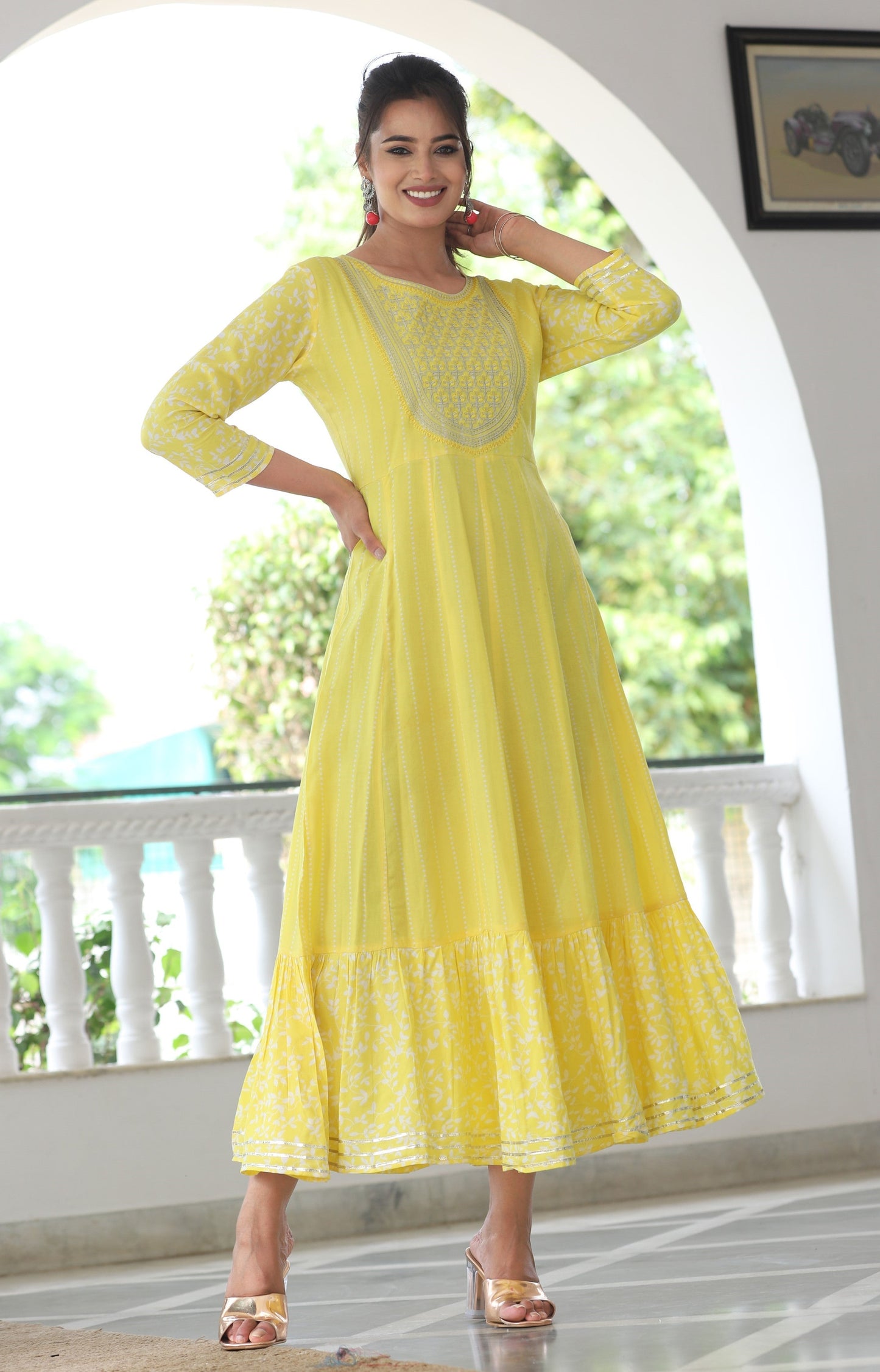 VOJ Women's Yellow Rayon Floral Embroidered & Printed Tiered Anarkali Kurta | Swadesiicart