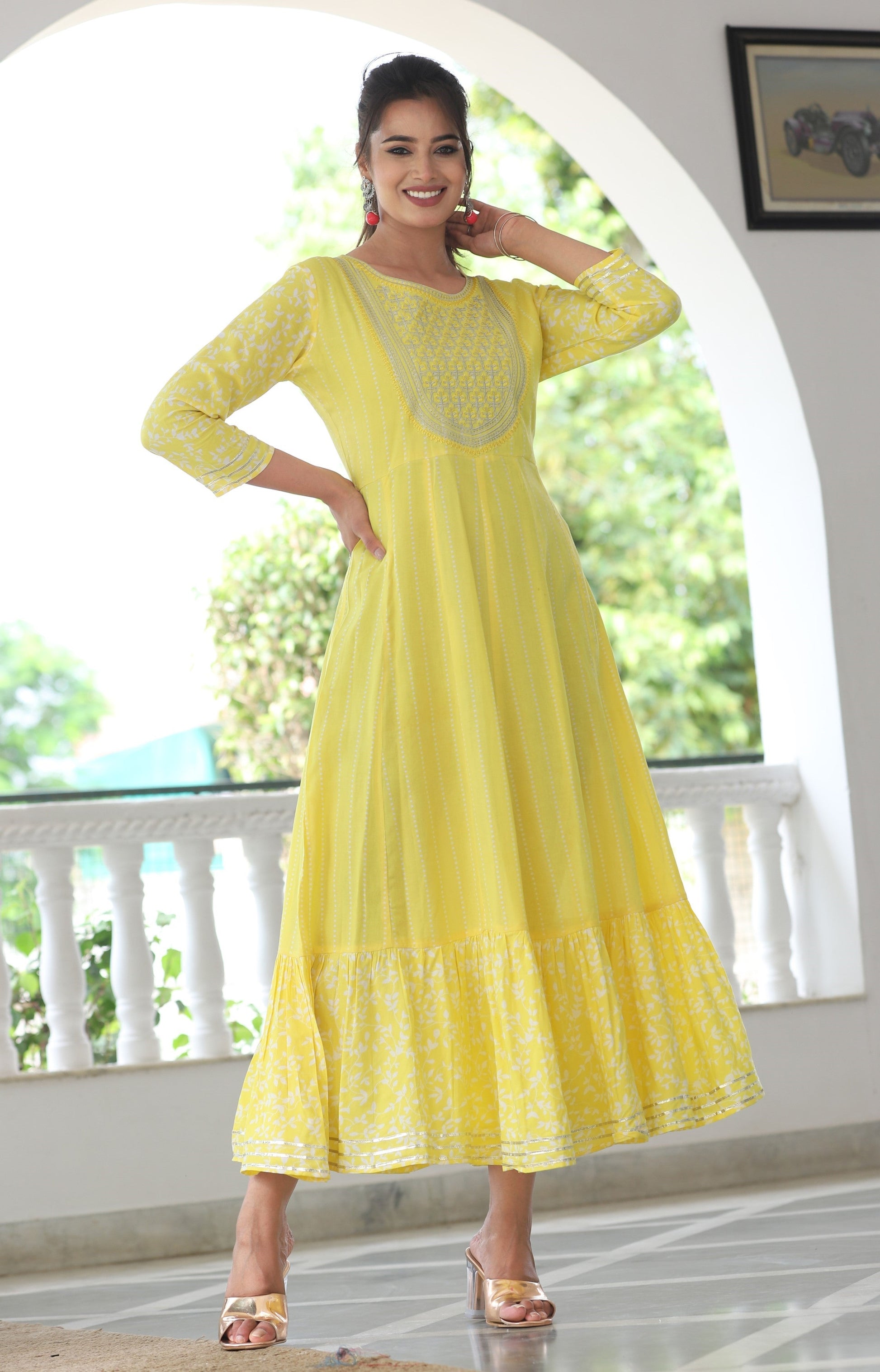 VOJ Women's Yellow Rayon Floral Embroidered & Printed Tiered Anarkali Kurta | Swadesiicart
