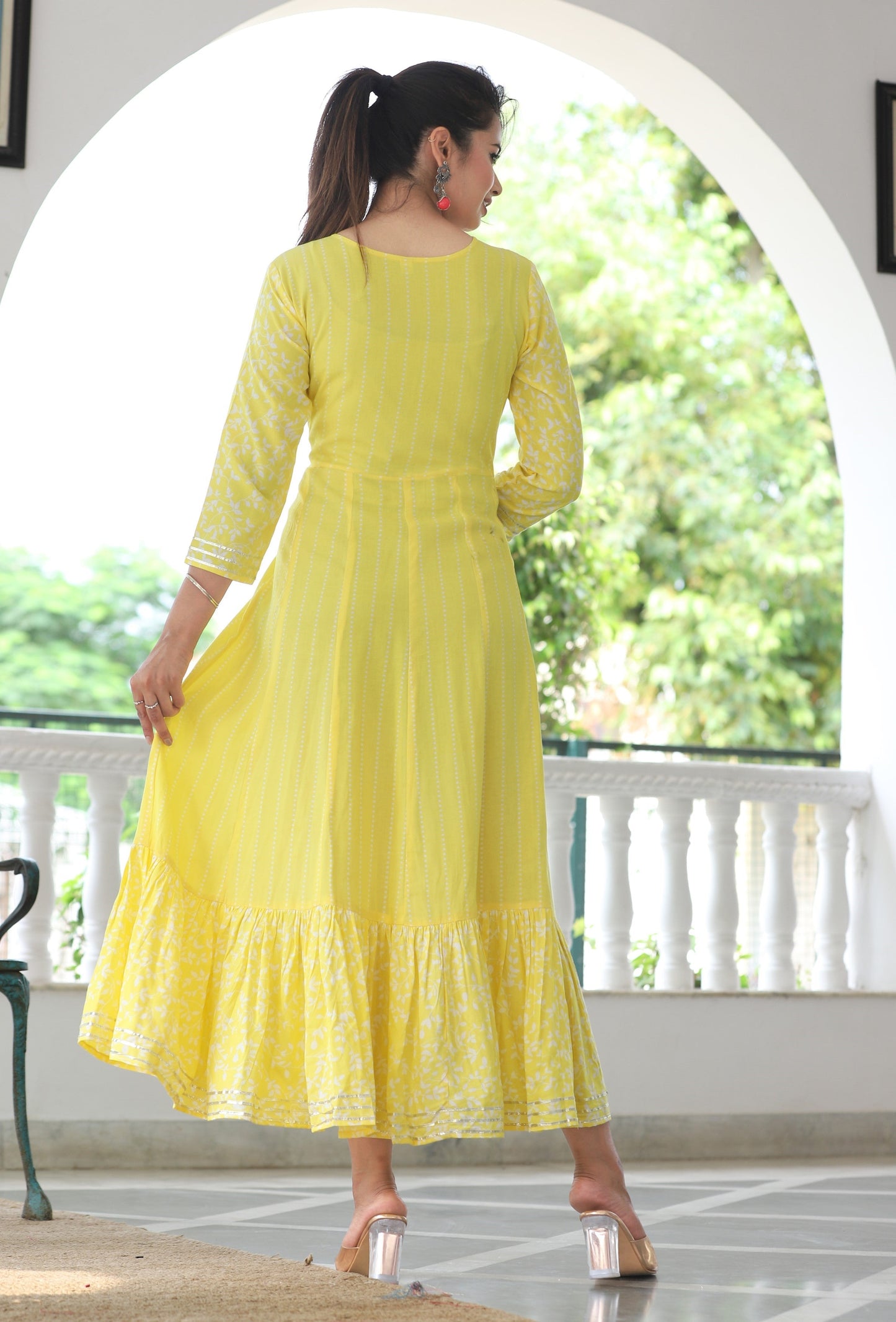 VOJ Women's Yellow Rayon Floral Embroidered & Printed Tiered Anarkali Kurta | Swadesiicart