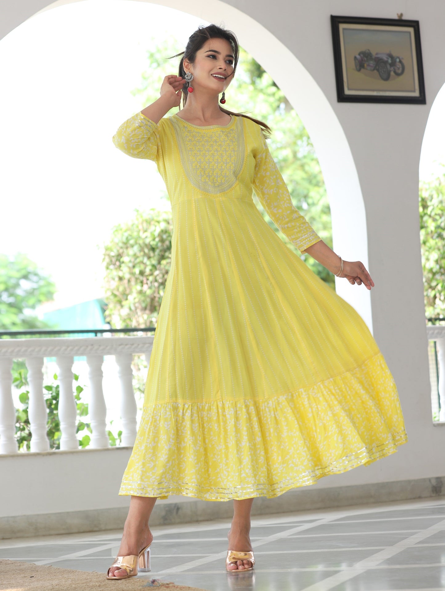 VOJ Women's Yellow Rayon Floral Embroidered & Printed Tiered Anarkali Kurta | Swadesiicart