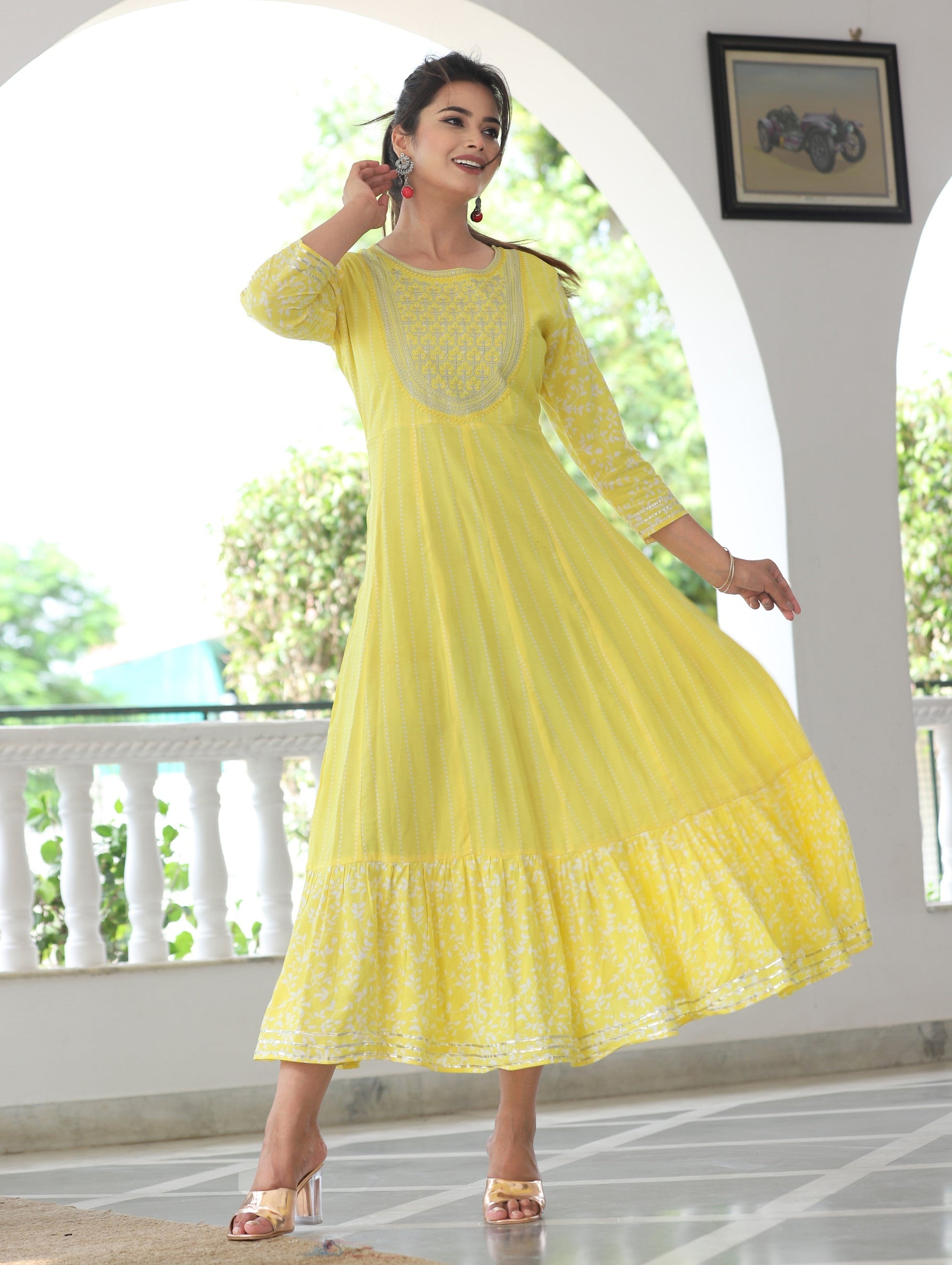 VOJ Women's Yellow Rayon Floral Embroidered & Printed Tiered Anarkali Kurta | Swadesiicart