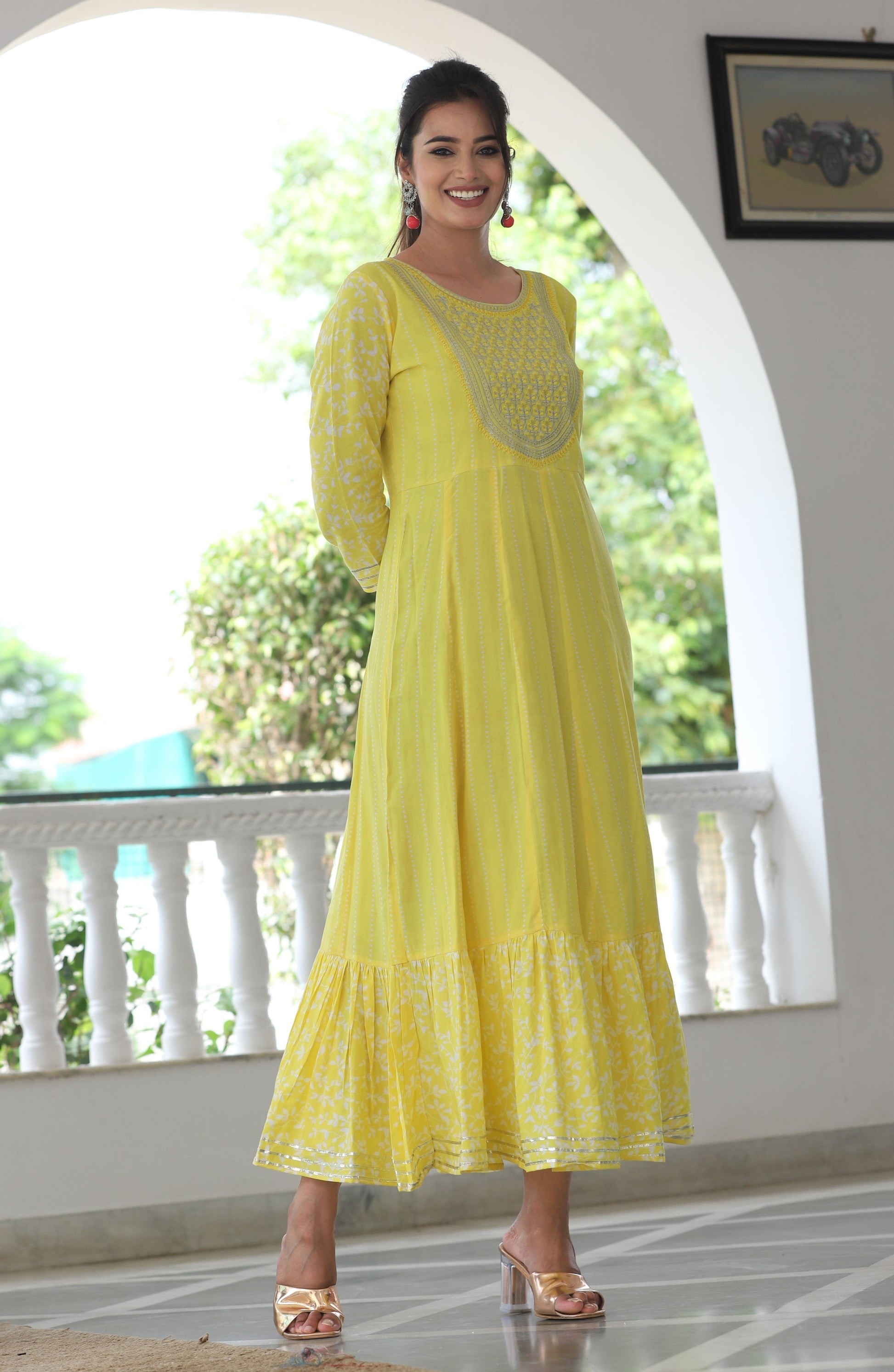 VOJ Women's Yellow Rayon Floral Embroidered & Printed Tiered Anarkali Kurta | Swadesiicart