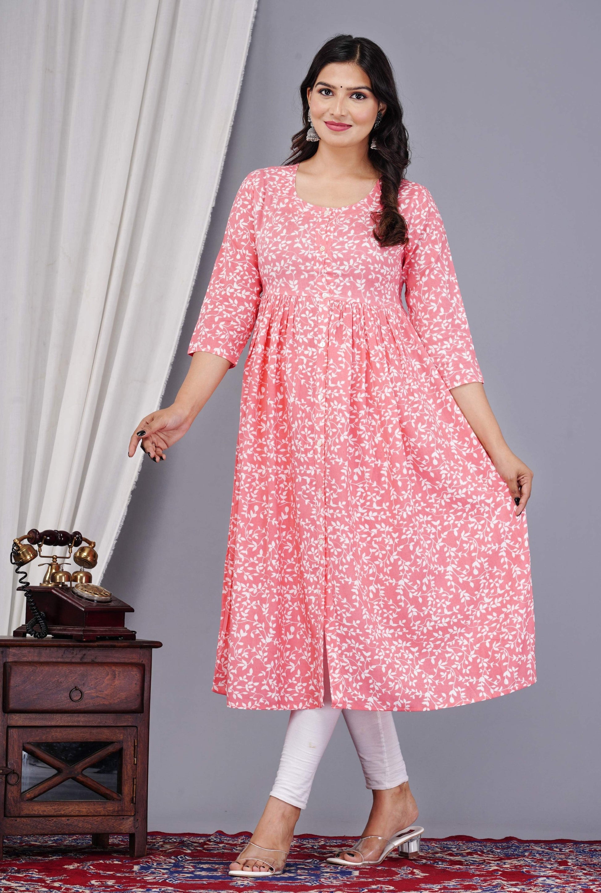 VOJ Women's Babypink Rayon Floral Printed Frontsilt Anarkali Kurta | Swadesiicart