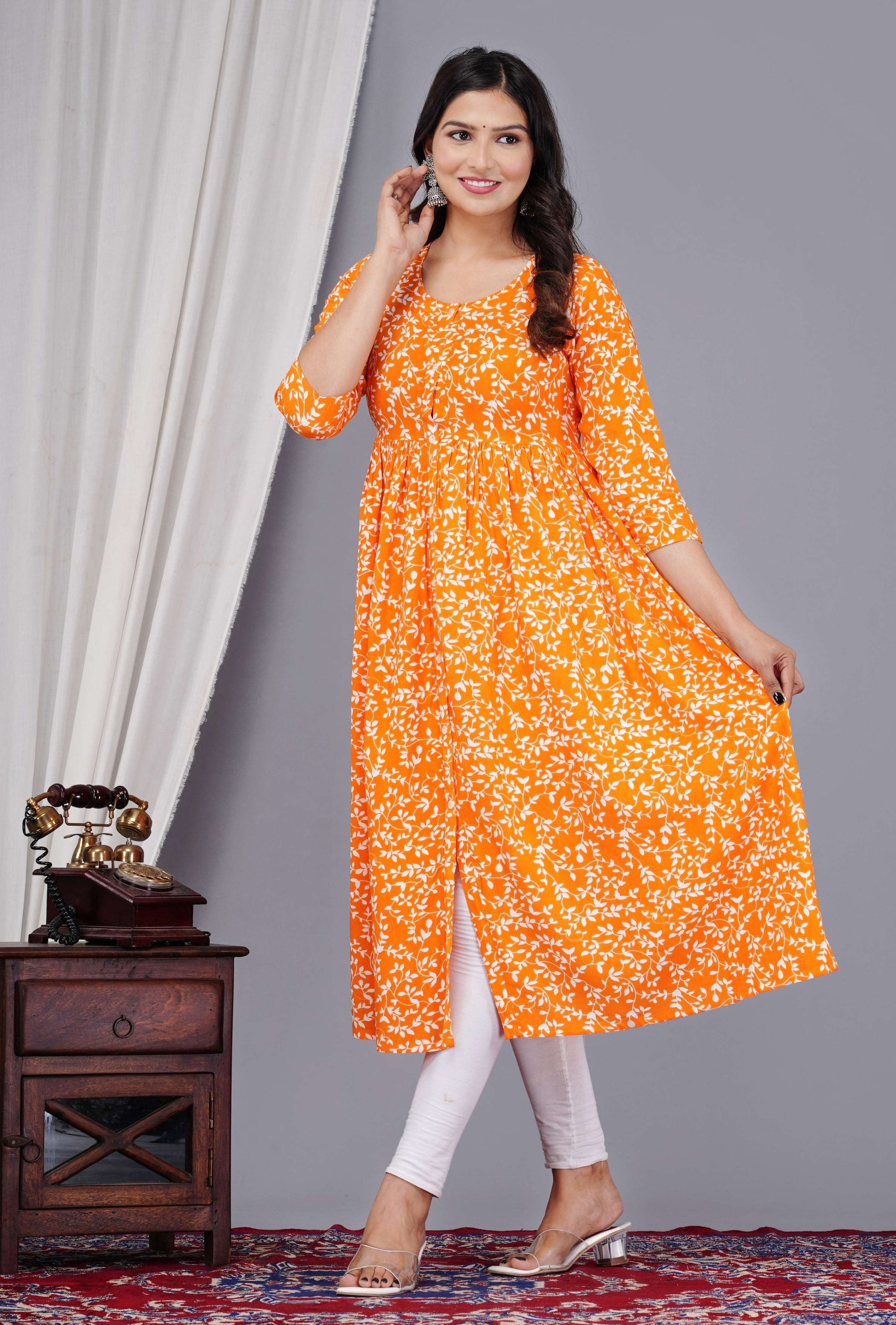 VOJ Women's Orange Rayon Floral Printed Frontsilt Anarkali Kurta | Swadesiicart