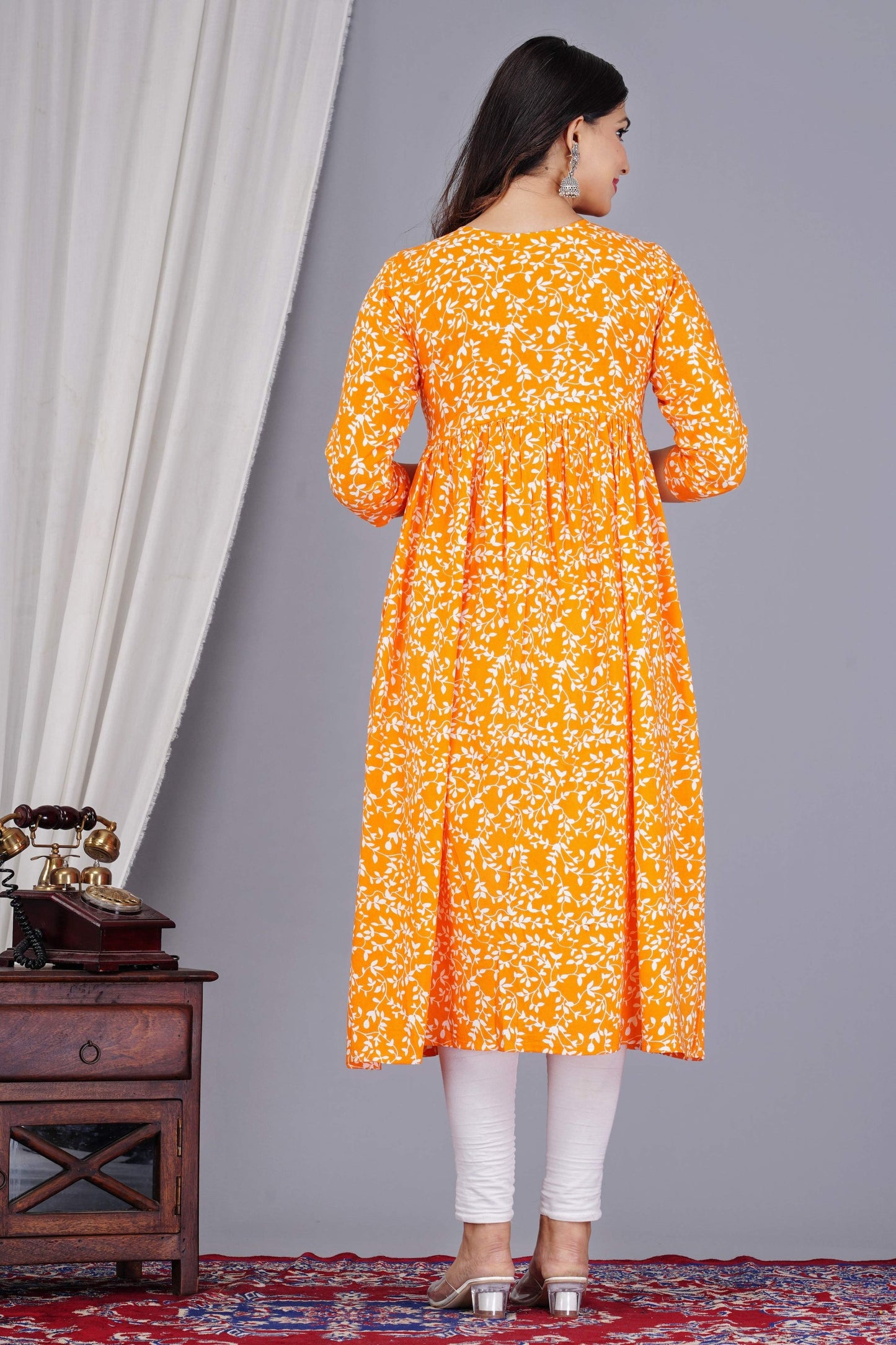 VOJ Women's Orange Rayon Floral Printed Frontsilt Anarkali Kurta | Swadesiicart