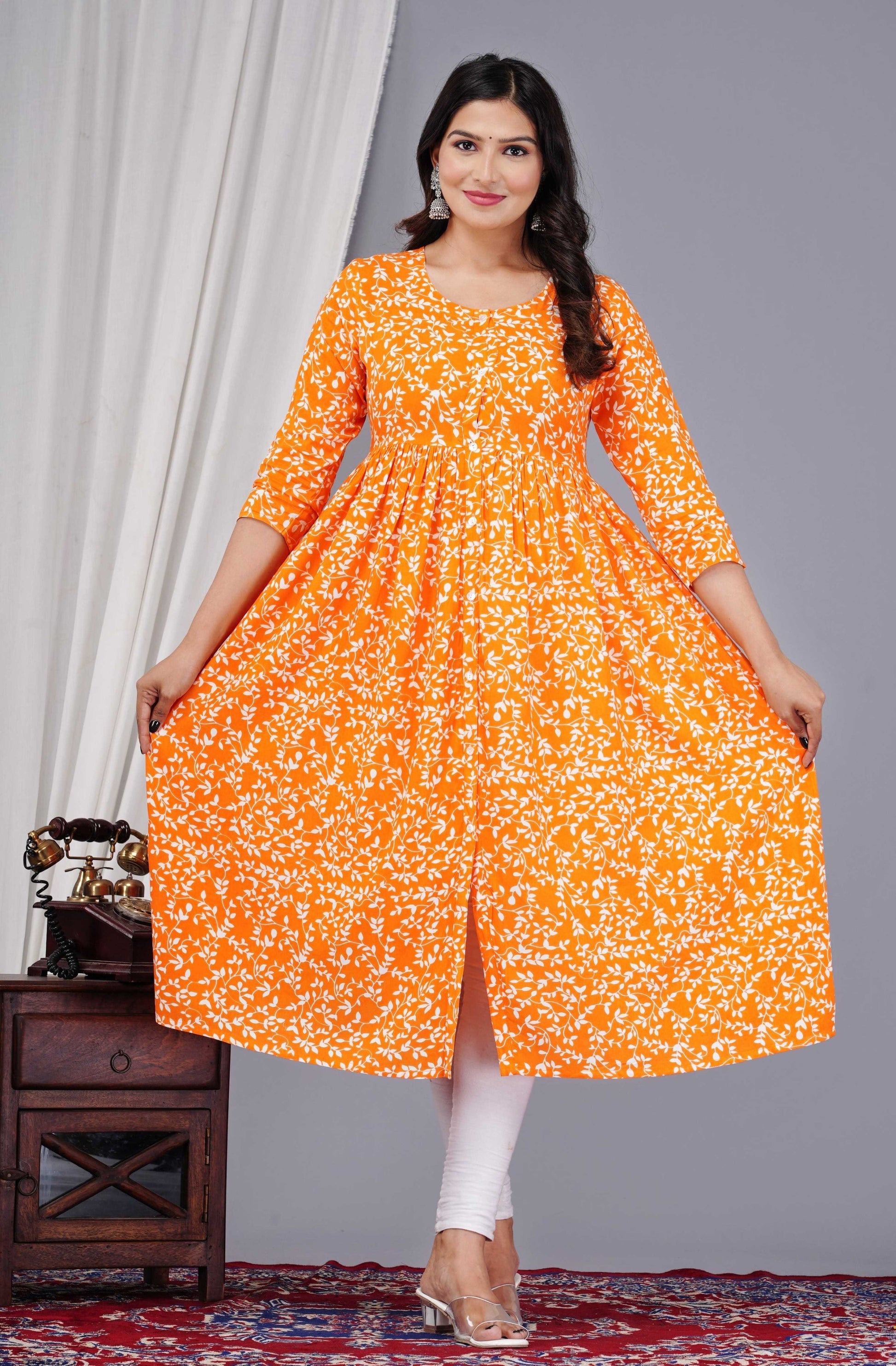 VOJ Women's Orange Rayon Floral Printed Frontsilt Anarkali Kurta | Swadesiicart