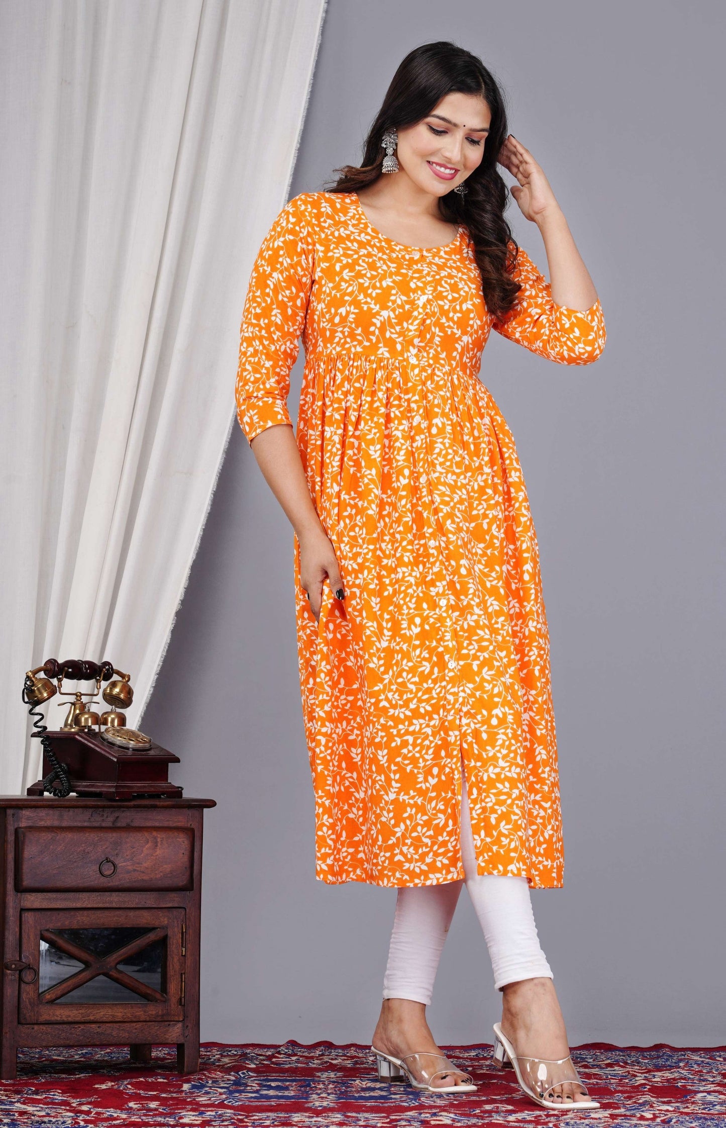VOJ Women's Orange Rayon Floral Printed Frontsilt Anarkali Kurta | Swadesiicart