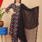 VOJ Women's Black Rayon Floral Print Kurta, Pant & Dupatta Set (Umbrella Cut) | Swadesiicart