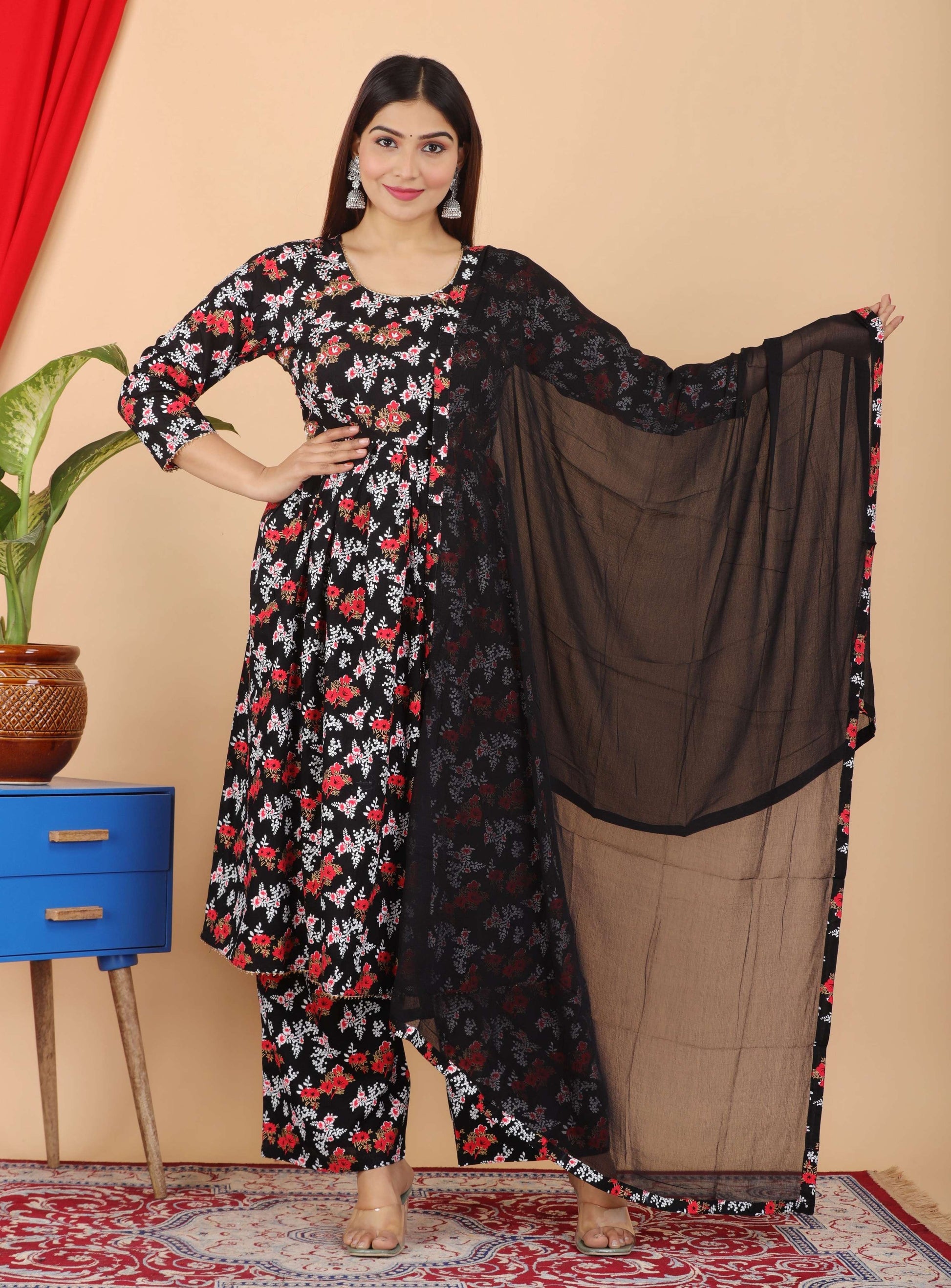 VOJ Women's Black Rayon Floral Print Kurta, Pant & Dupatta Set (Umbrella Cut) | Swadesiicart