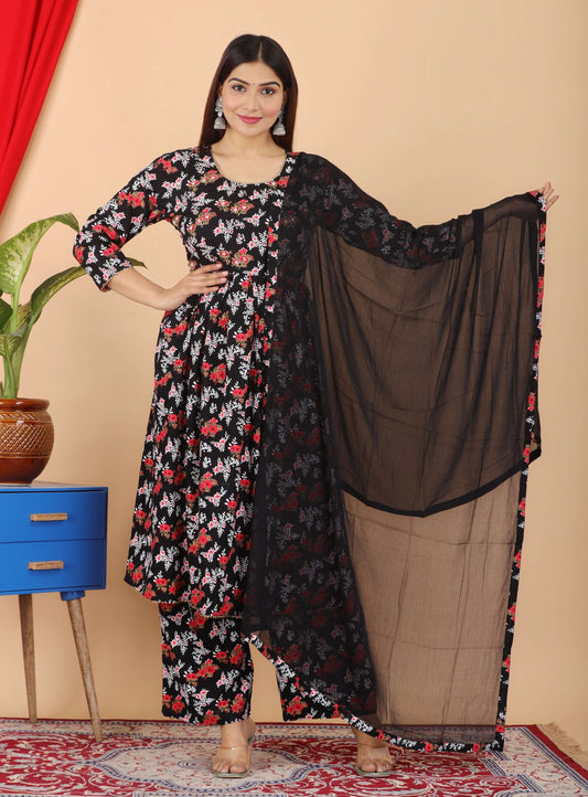 VOJ Women's Black Rayon Floral Print Kurta, Pant & Dupatta Set (Umbrella Cut) | Swadesiicart