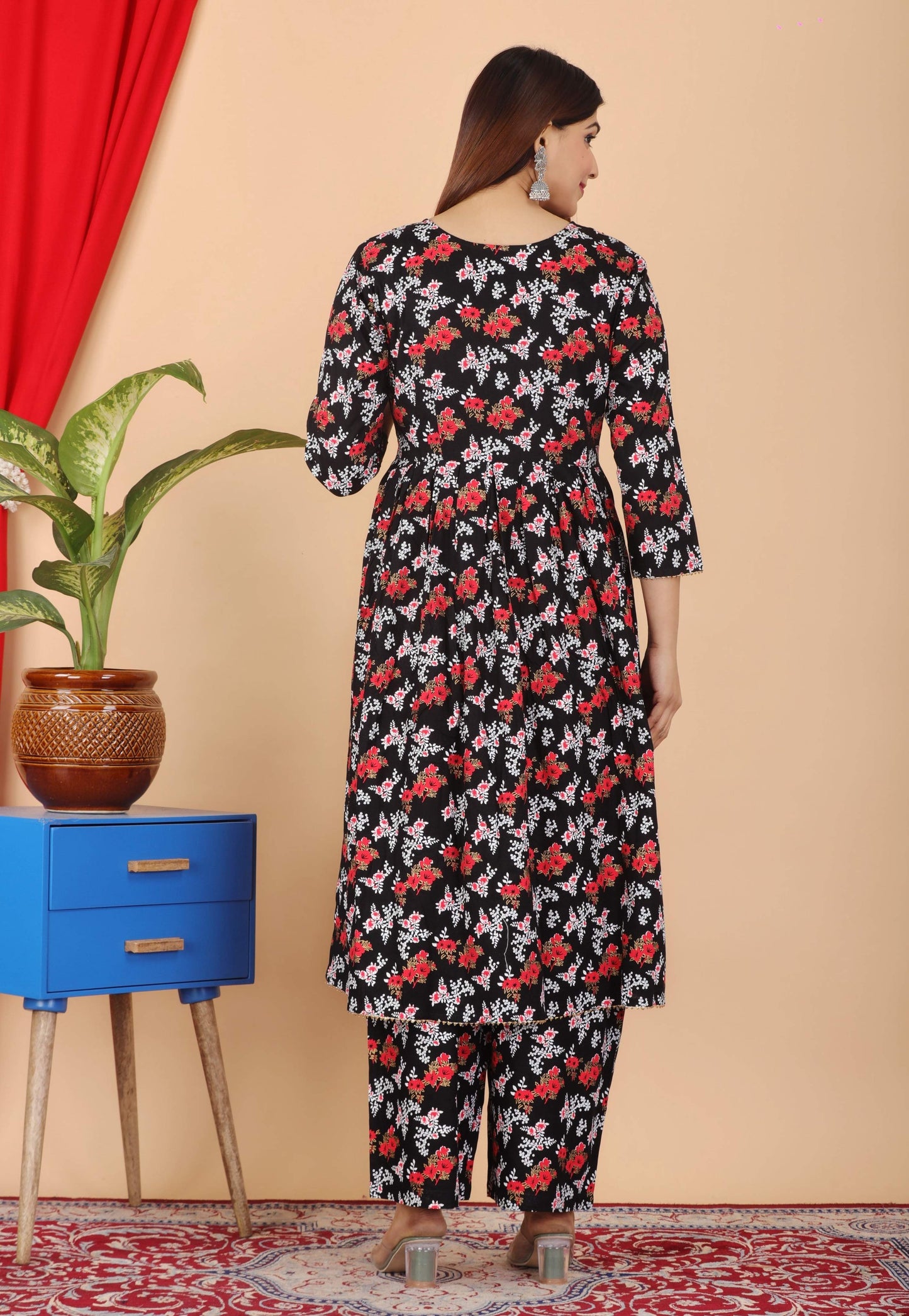 VOJ Women's Black Rayon Floral Print Kurta, Pant & Dupatta Set (Umbrella Cut) | Swadesiicart