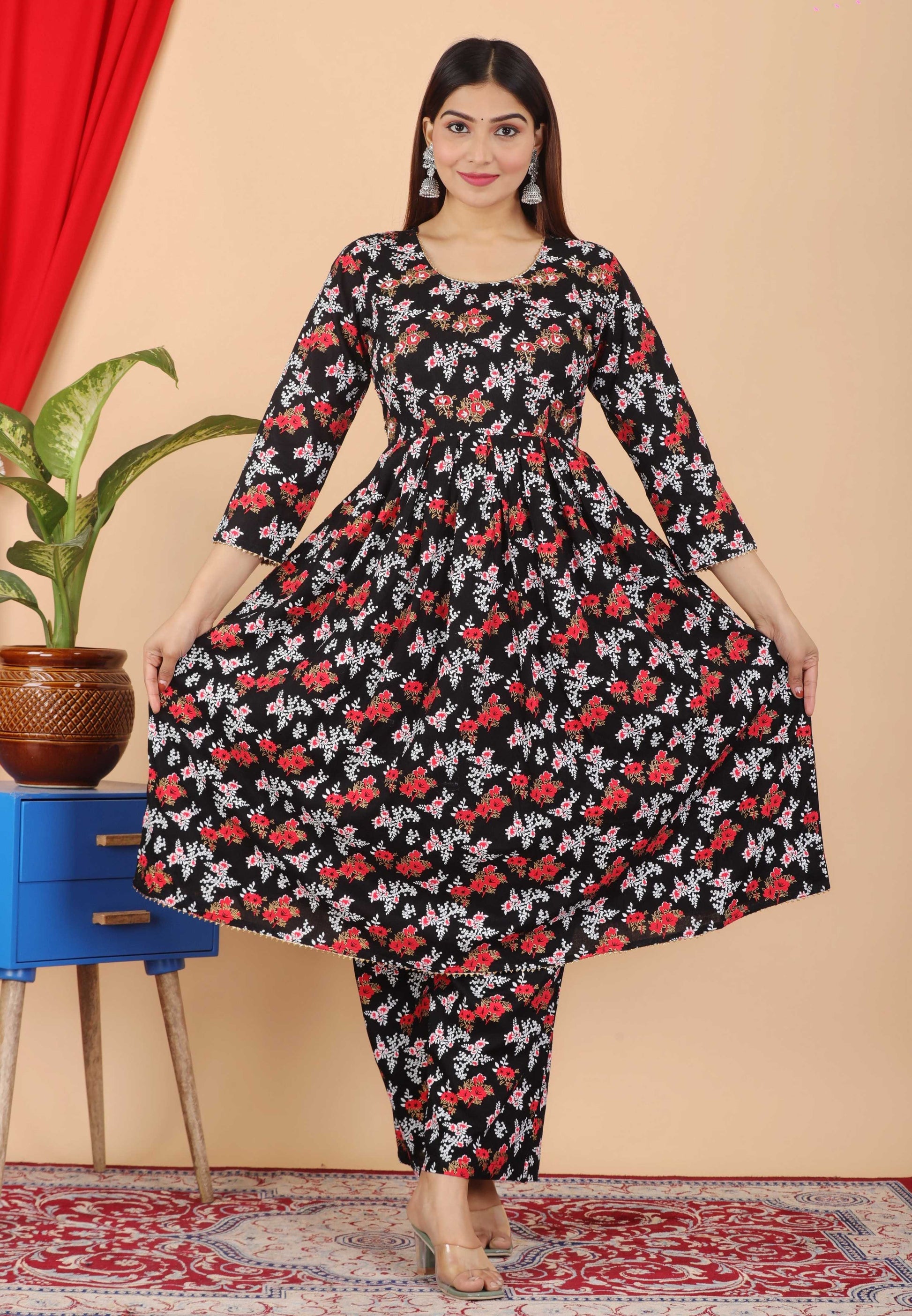 VOJ Women's Black Rayon Floral Print Kurta, Pant & Dupatta Set (Umbrella Cut) | Swadesiicart