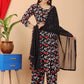 VOJ Women's Black Rayon Floral Print Kurta, Pant & Dupatta Set (Umbrella Cut) | Swadesiicart