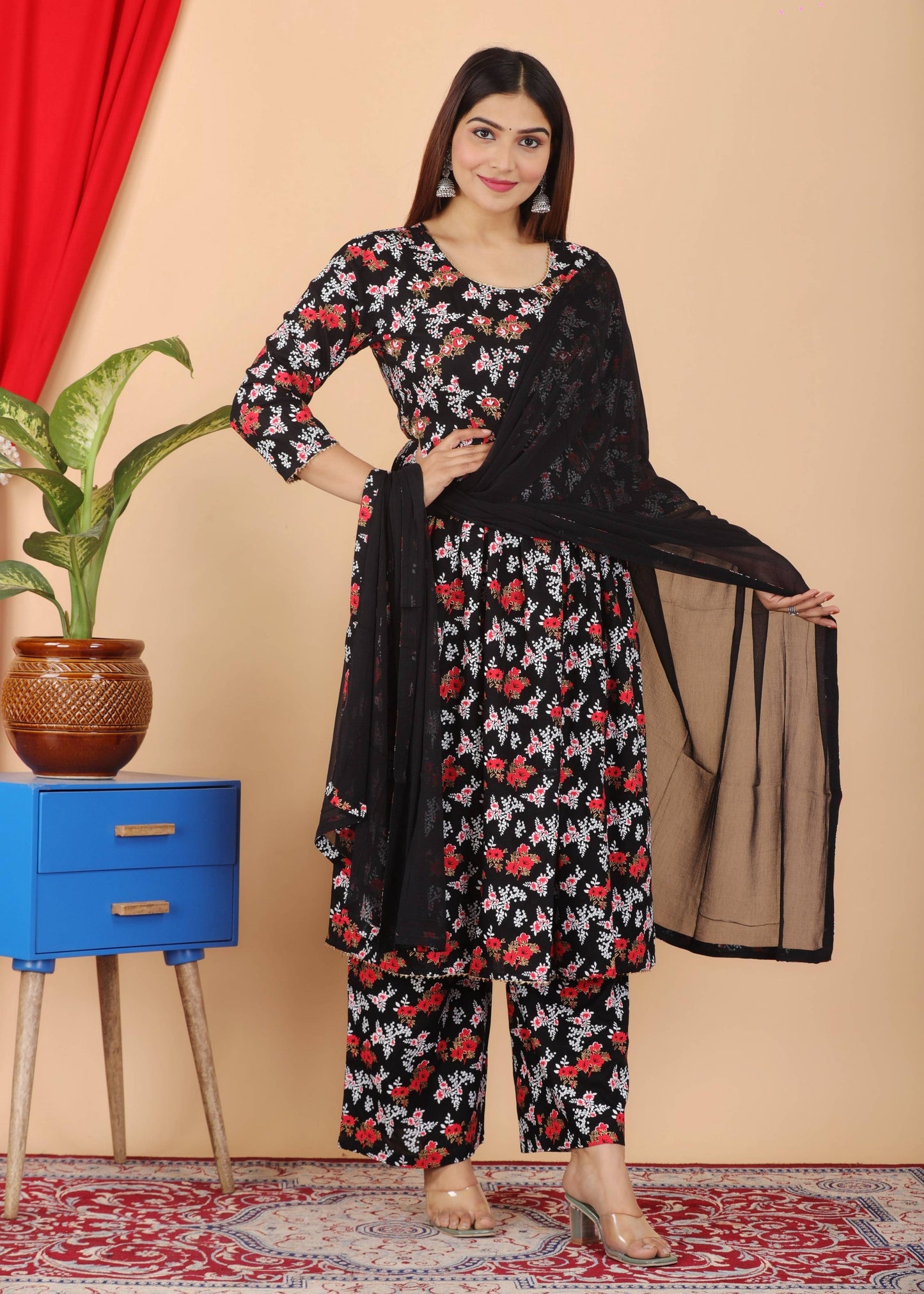 VOJ Women's Black Rayon Floral Print Kurta, Pant & Dupatta Set (Umbrella Cut) | Swadesiicart