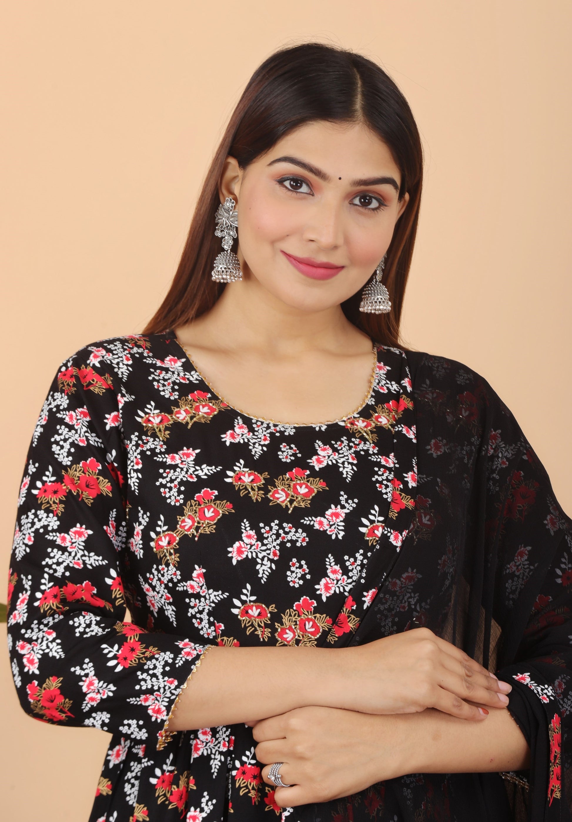 VOJ Women's Black Rayon Floral Print Kurta, Pant & Dupatta Set (Umbrella Cut) | Swadesiicart