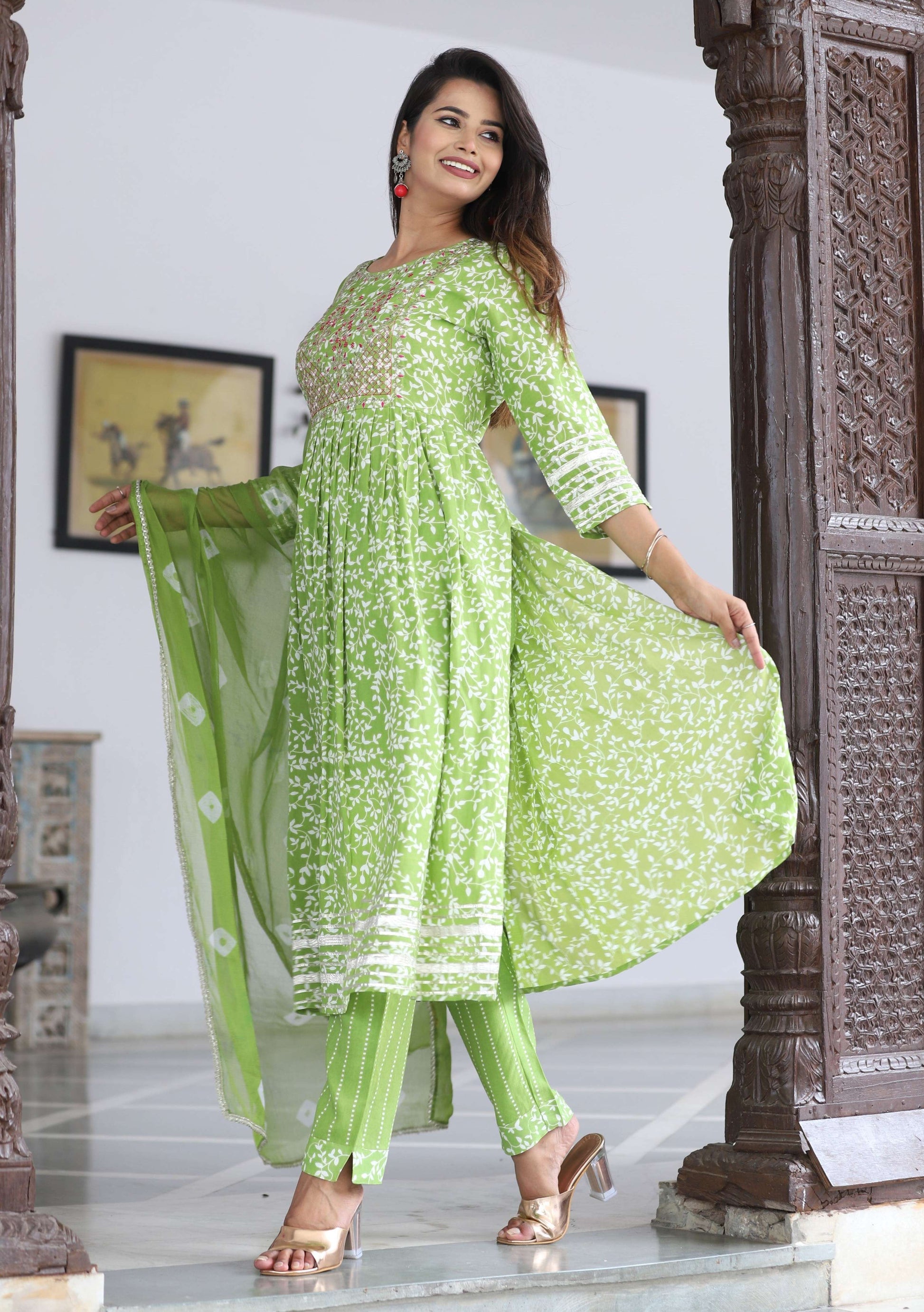 VOJ Women's Mint Rayon Embroidered Kurta Pant & Dupatta Set (Naira Cut) | Swadesiicart