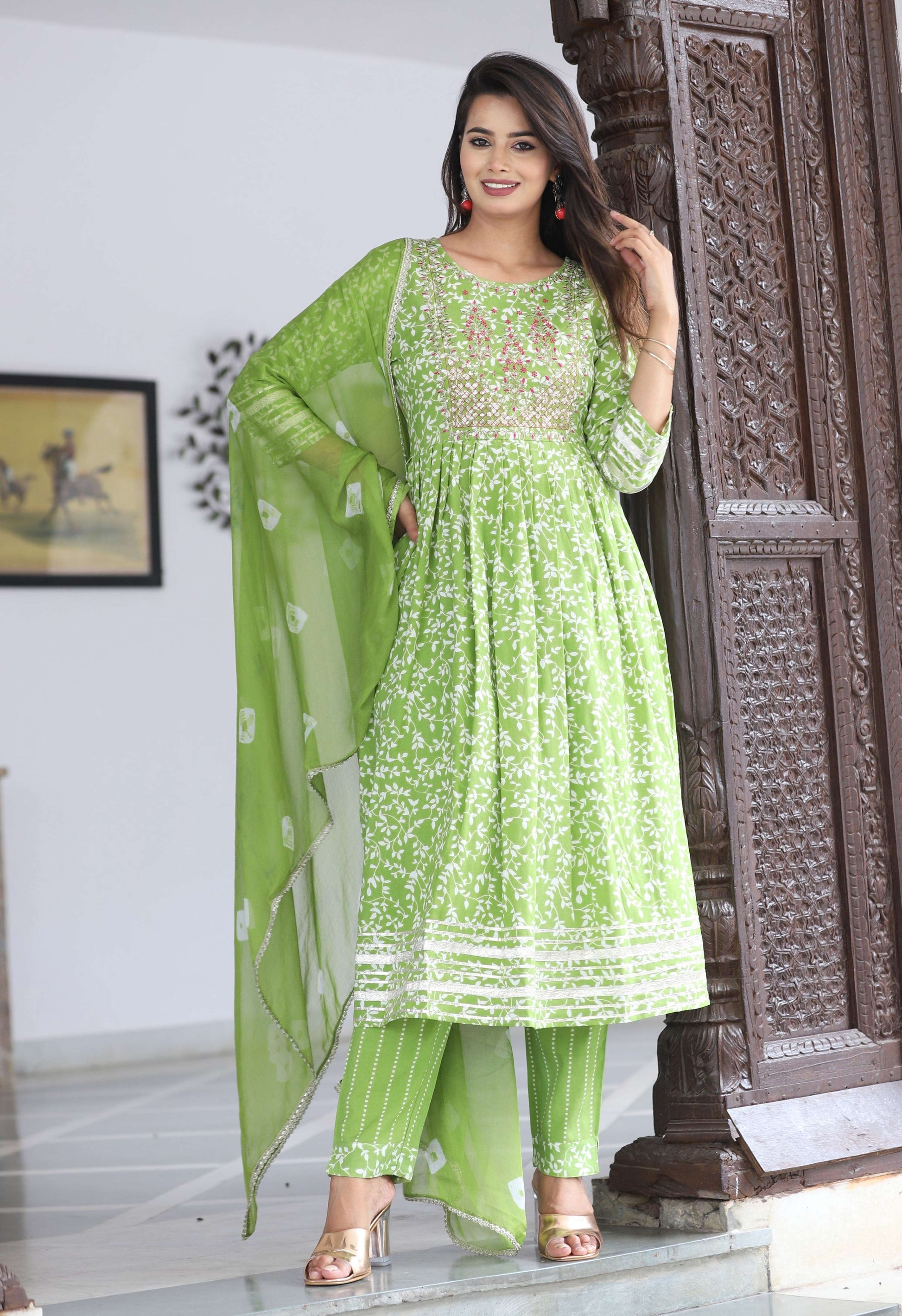VOJ Women's Mint Rayon Embroidered Kurta Pant & Dupatta Set (Naira Cut) | Swadesiicart