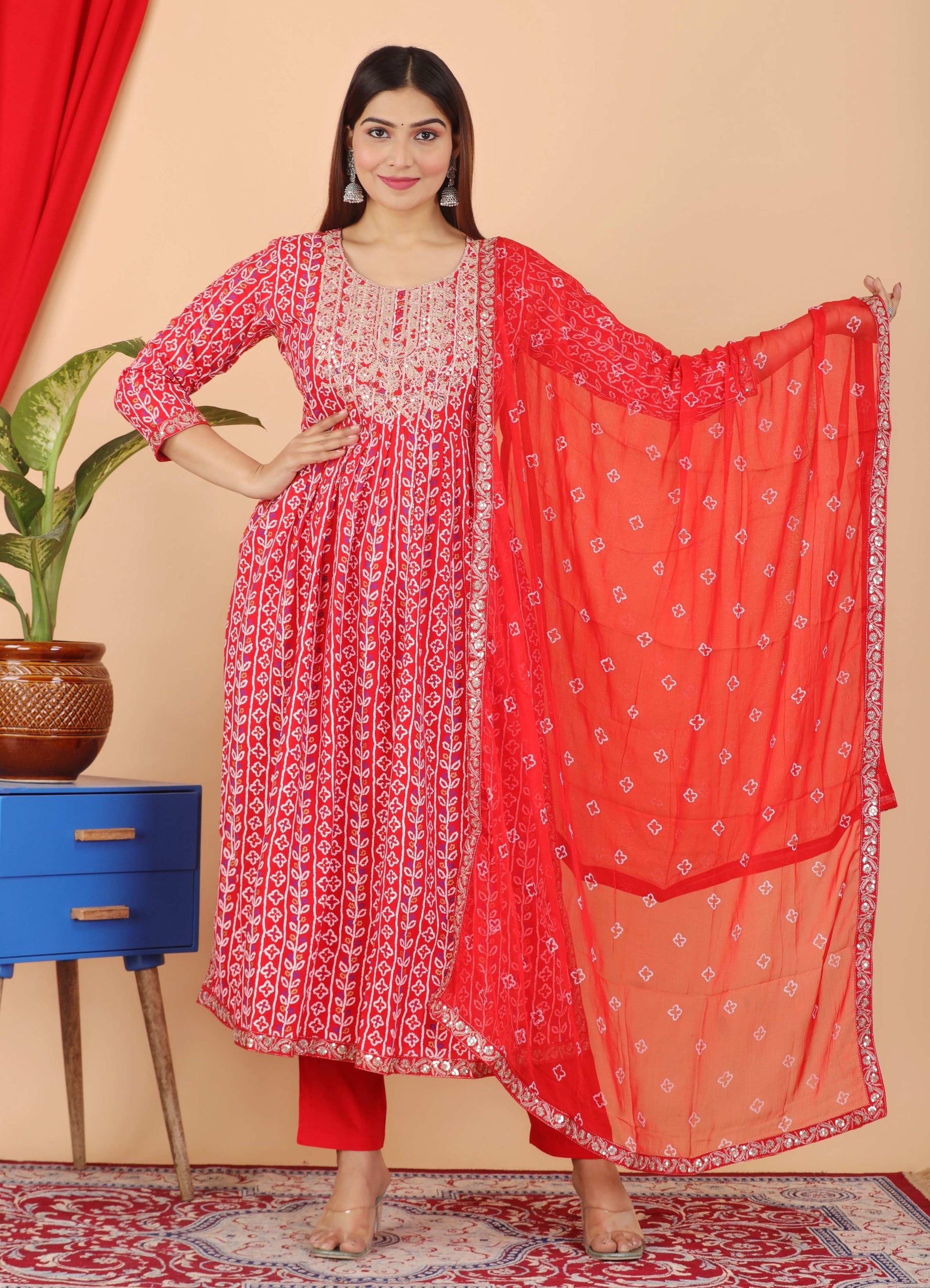 VOJ Women's Red Rayon Embroidered Kurta Pant & Dupatta Set (Naira Cut) | Swadesiicart