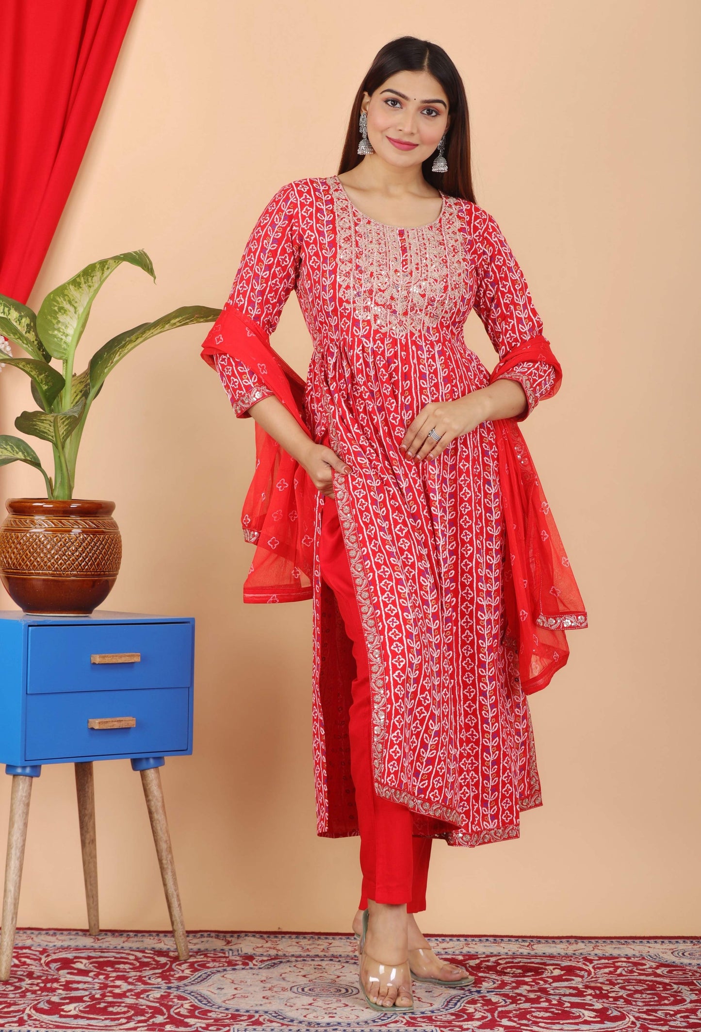 VOJ Women's Red Rayon Embroidered Kurta Pant & Dupatta Set (Naira Cut) | Swadesiicart