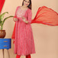 VOJ Women's Red Rayon Embroidered Kurta Pant & Dupatta Set (Naira Cut) | Swadesiicart