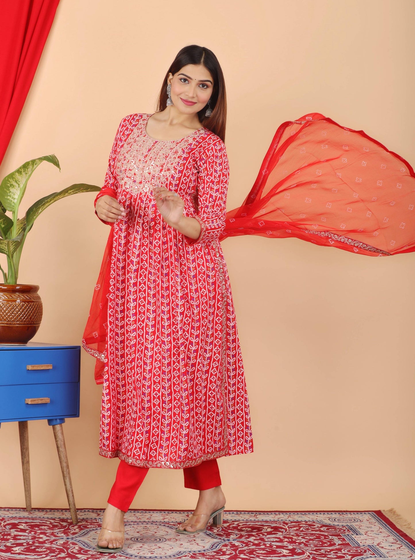 VOJ Women's Red Rayon Embroidered Kurta Pant & Dupatta Set (Naira Cut) | Swadesiicart