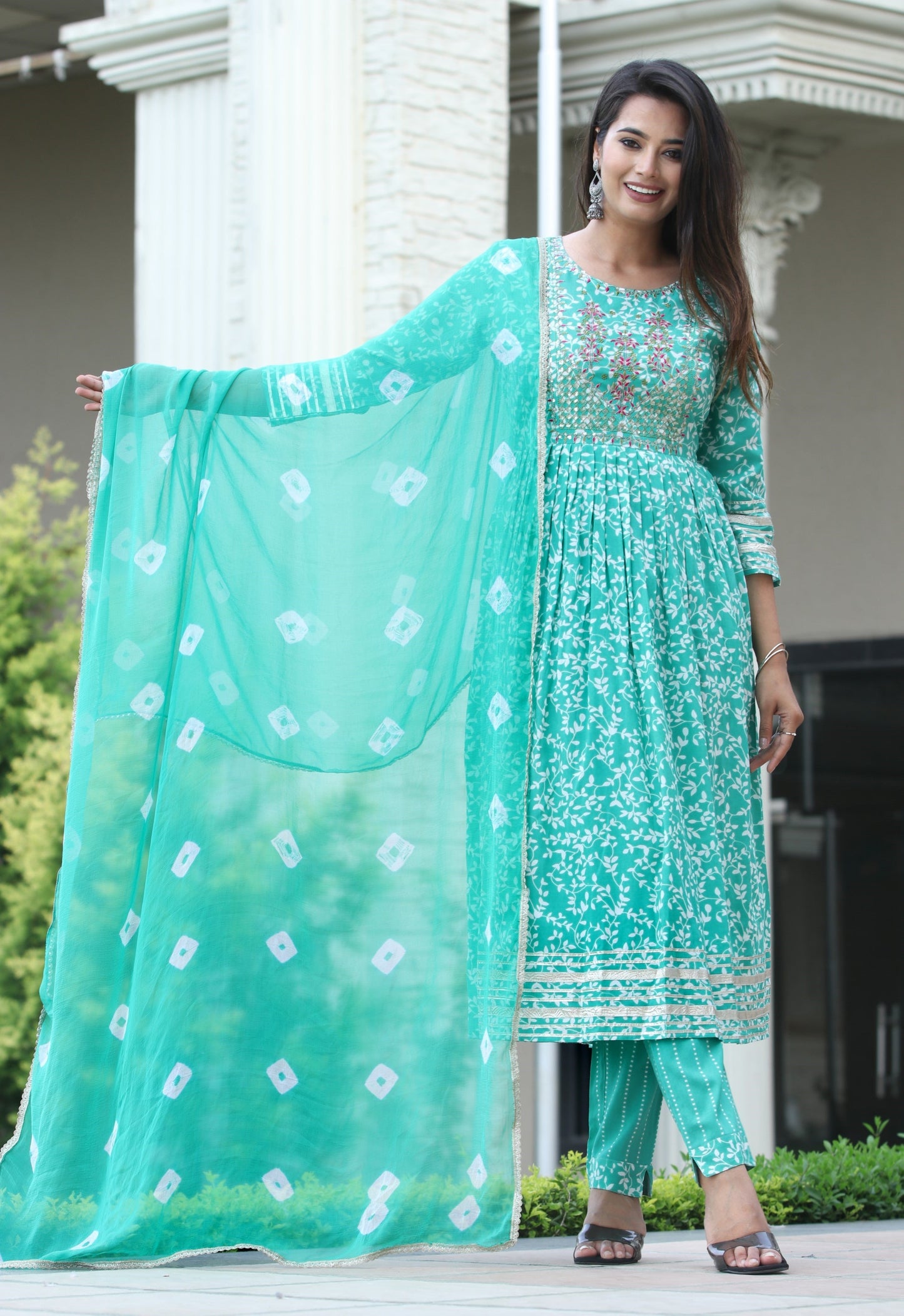 VOJ Women's Sege Green Rayon Embroidered Kurta Pant & Dupatta Set (Naira Cut) | Swadesiicart