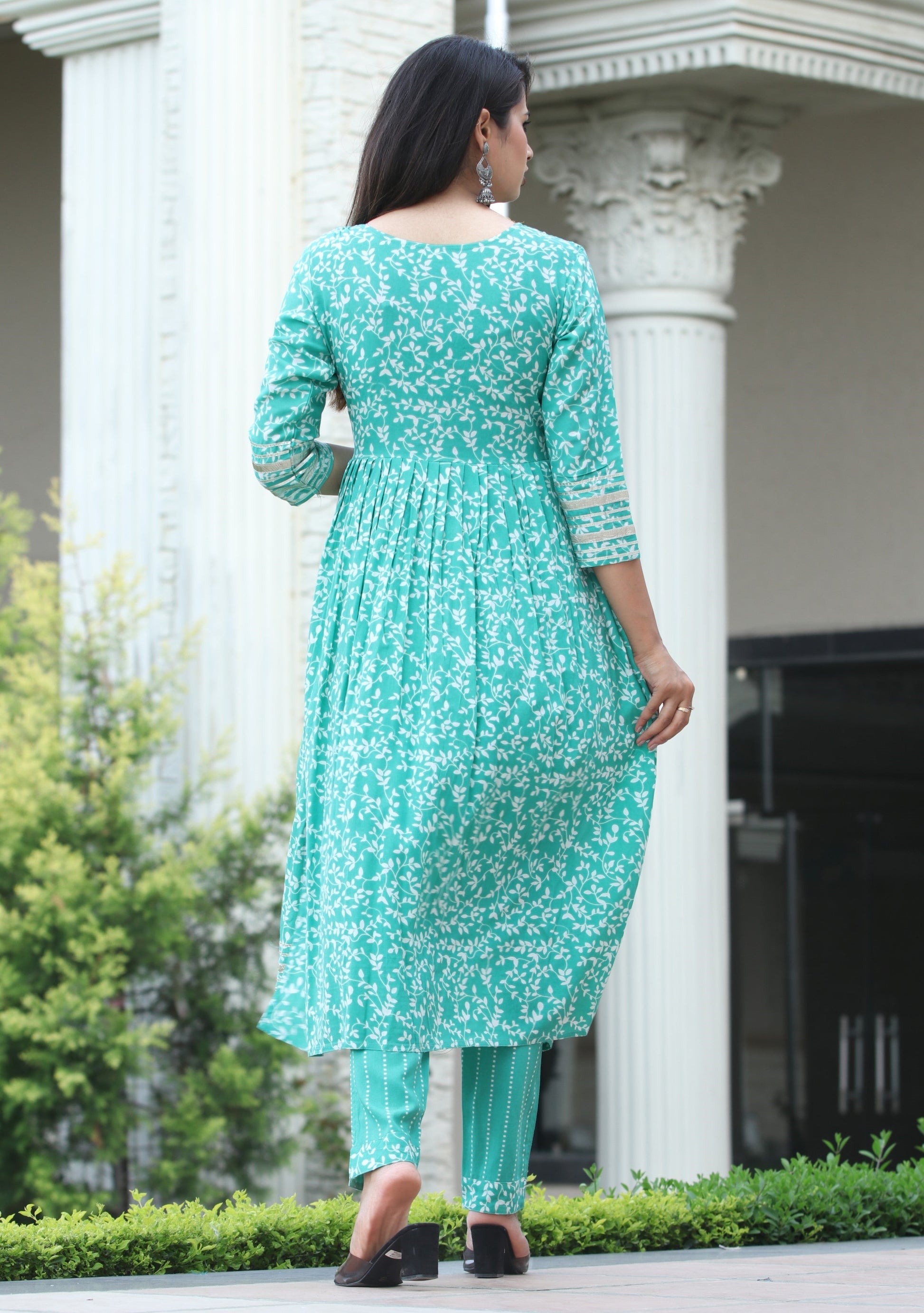 VOJ Women's Sege Green Rayon Embroidered Kurta Pant & Dupatta Set (Naira Cut) | Swadesiicart
