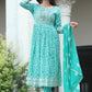 VOJ Women's Sege Green Rayon Embroidered Kurta Pant & Dupatta Set (Naira Cut) | Swadesiicart