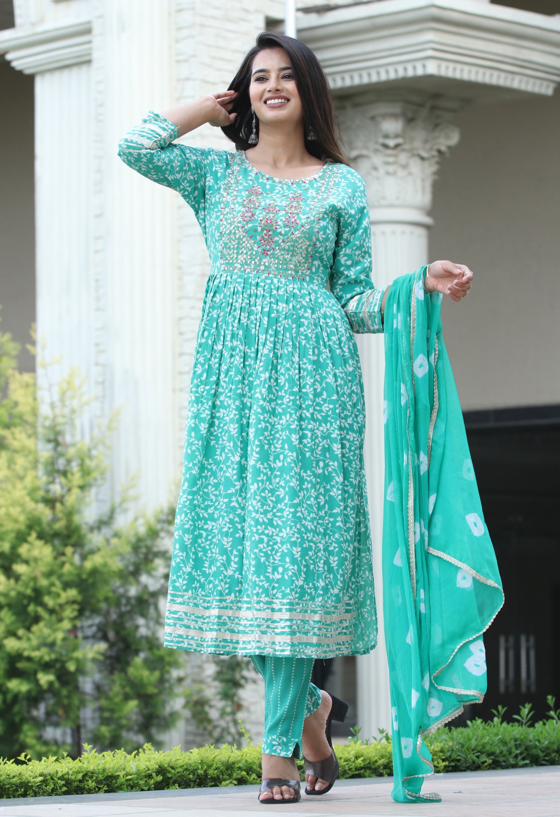 VOJ Women's Sege Green Rayon Embroidered Kurta Pant & Dupatta Set (Naira Cut) | Swadesiicart