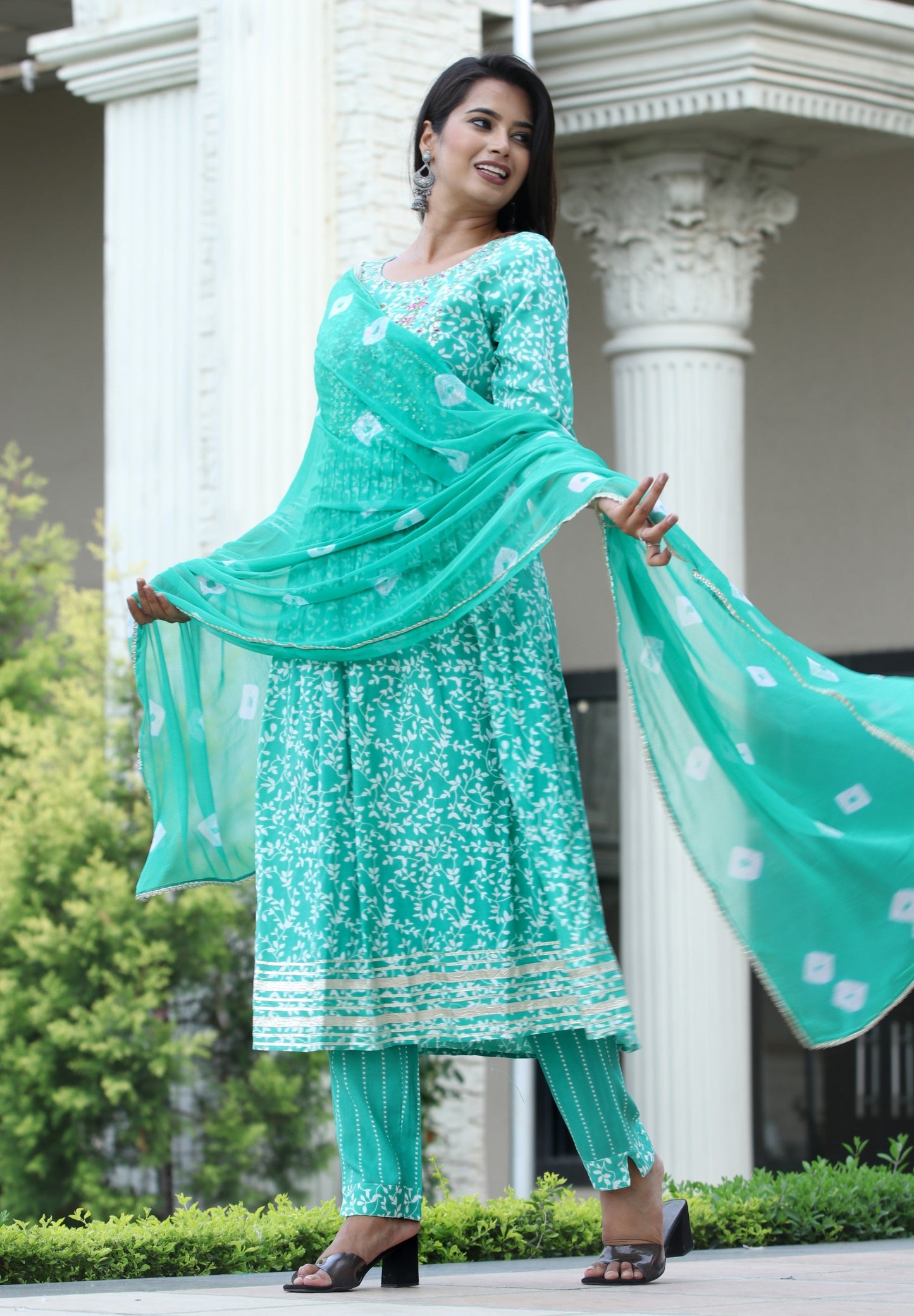 VOJ Women's Sege Green Rayon Embroidered Kurta Pant & Dupatta Set (Naira Cut) | Swadesiicart
