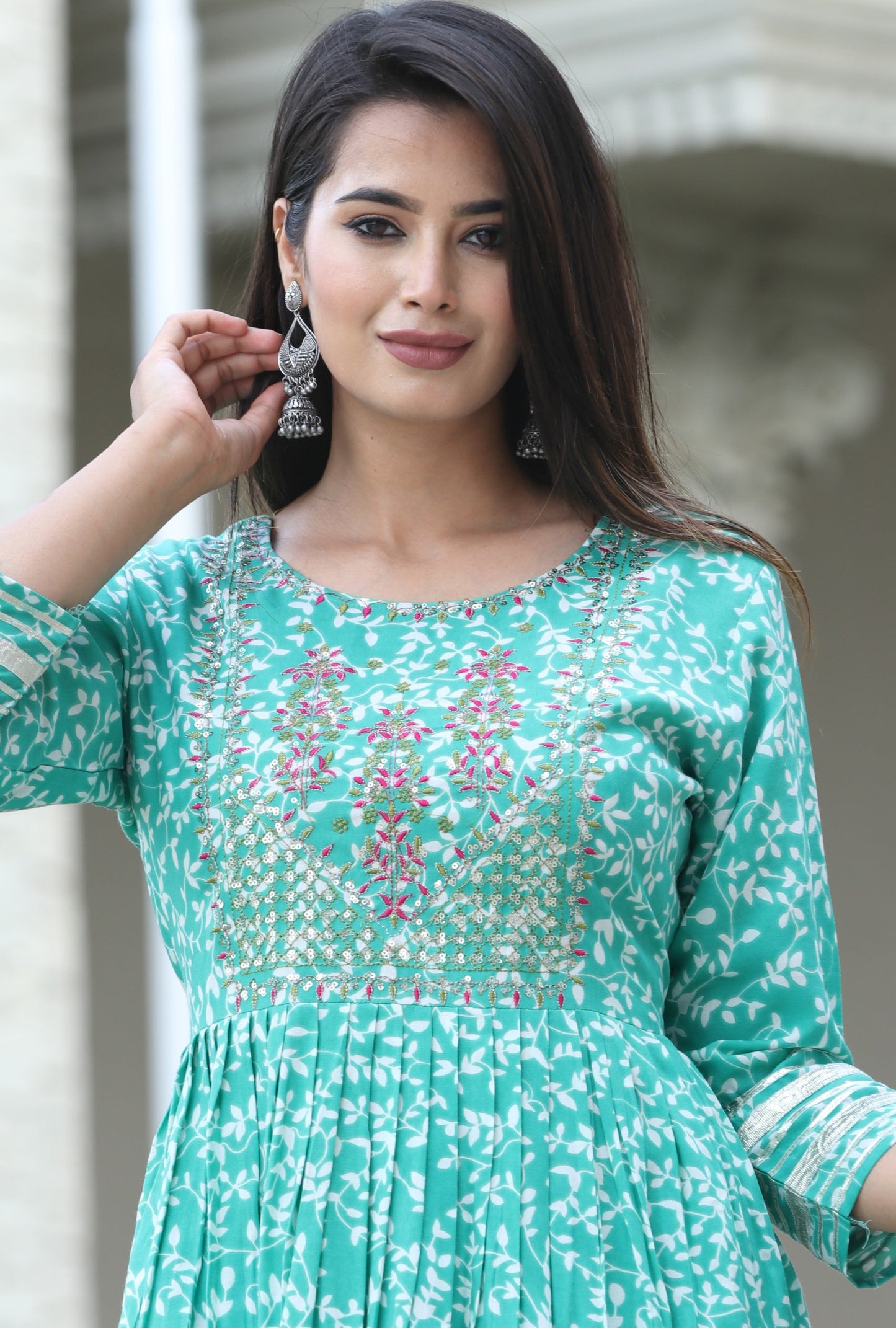VOJ Women's Sege Green Rayon Embroidered Kurta Pant & Dupatta Set (Naira Cut) | Swadesiicart