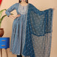 VOJ Women's Turquoise Rayon Embroidered Kurta Pant & Dupatta Set (Naira Cut) | Swadesiicart