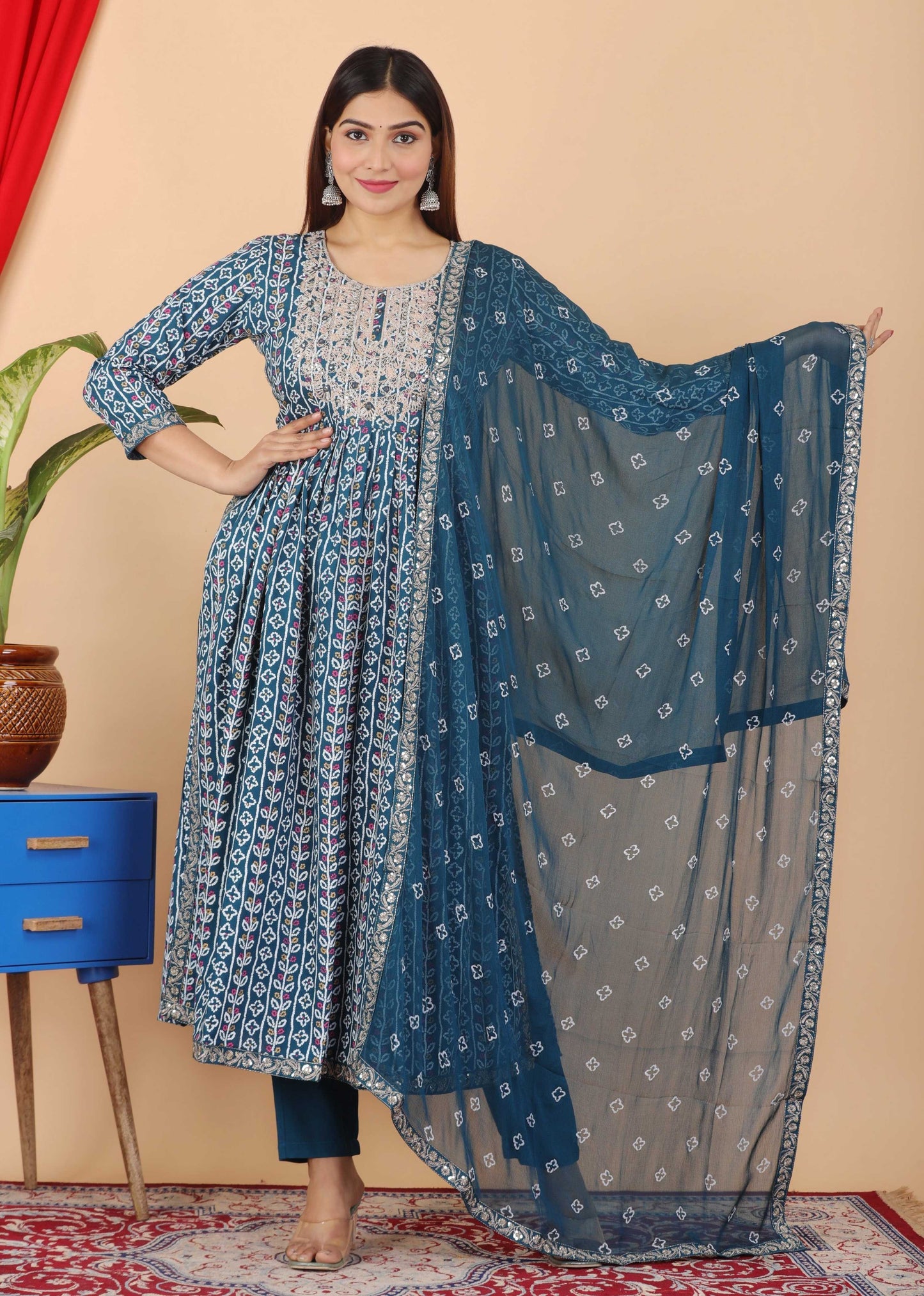 VOJ Women's Turquoise Rayon Embroidered Kurta Pant & Dupatta Set (Naira Cut) | Swadesiicart
