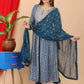 VOJ Women's Turquoise Rayon Embroidered Kurta Pant & Dupatta Set (Naira Cut) | Swadesiicart