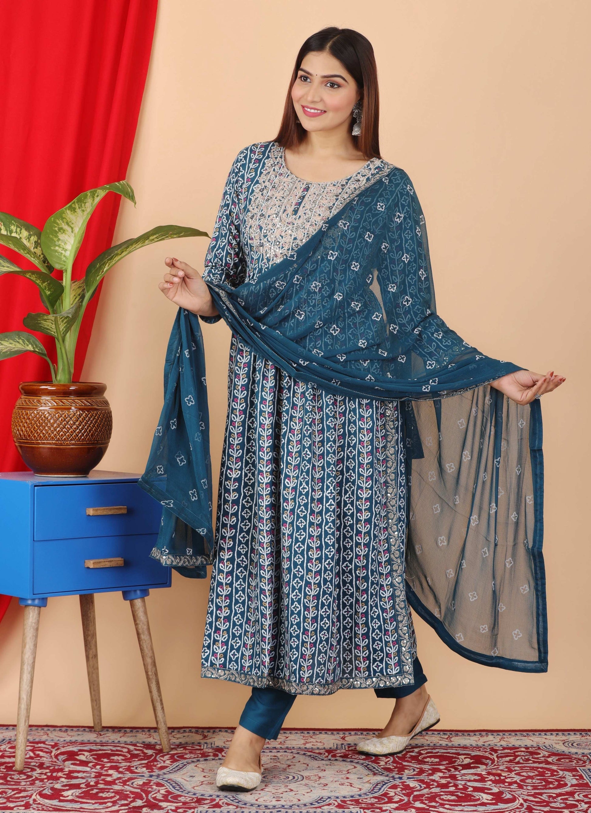 VOJ Women's Turquoise Rayon Embroidered Kurta Pant & Dupatta Set (Naira Cut) | Swadesiicart