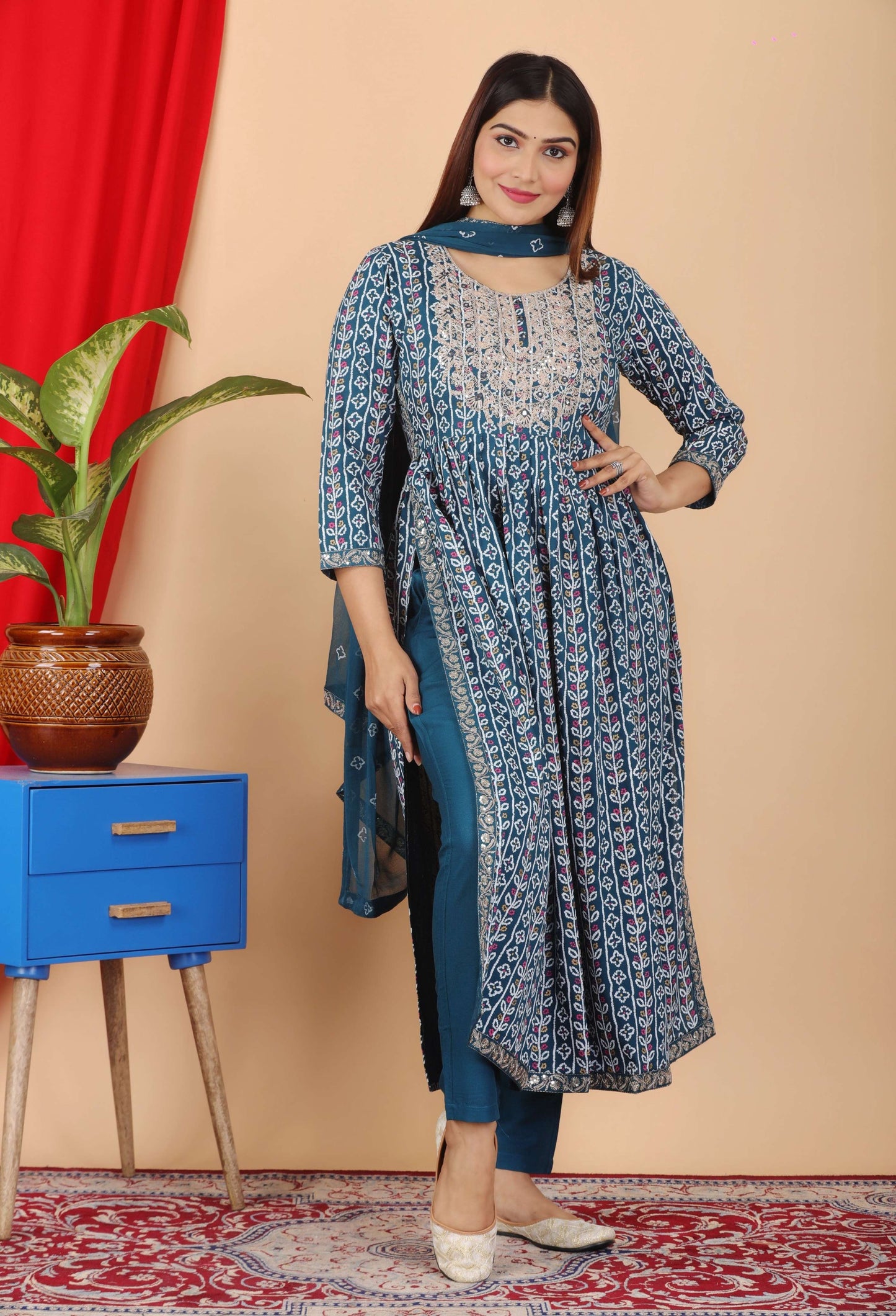 VOJ Women's Turquoise Rayon Embroidered Kurta Pant & Dupatta Set (Naira Cut) | Swadesiicart